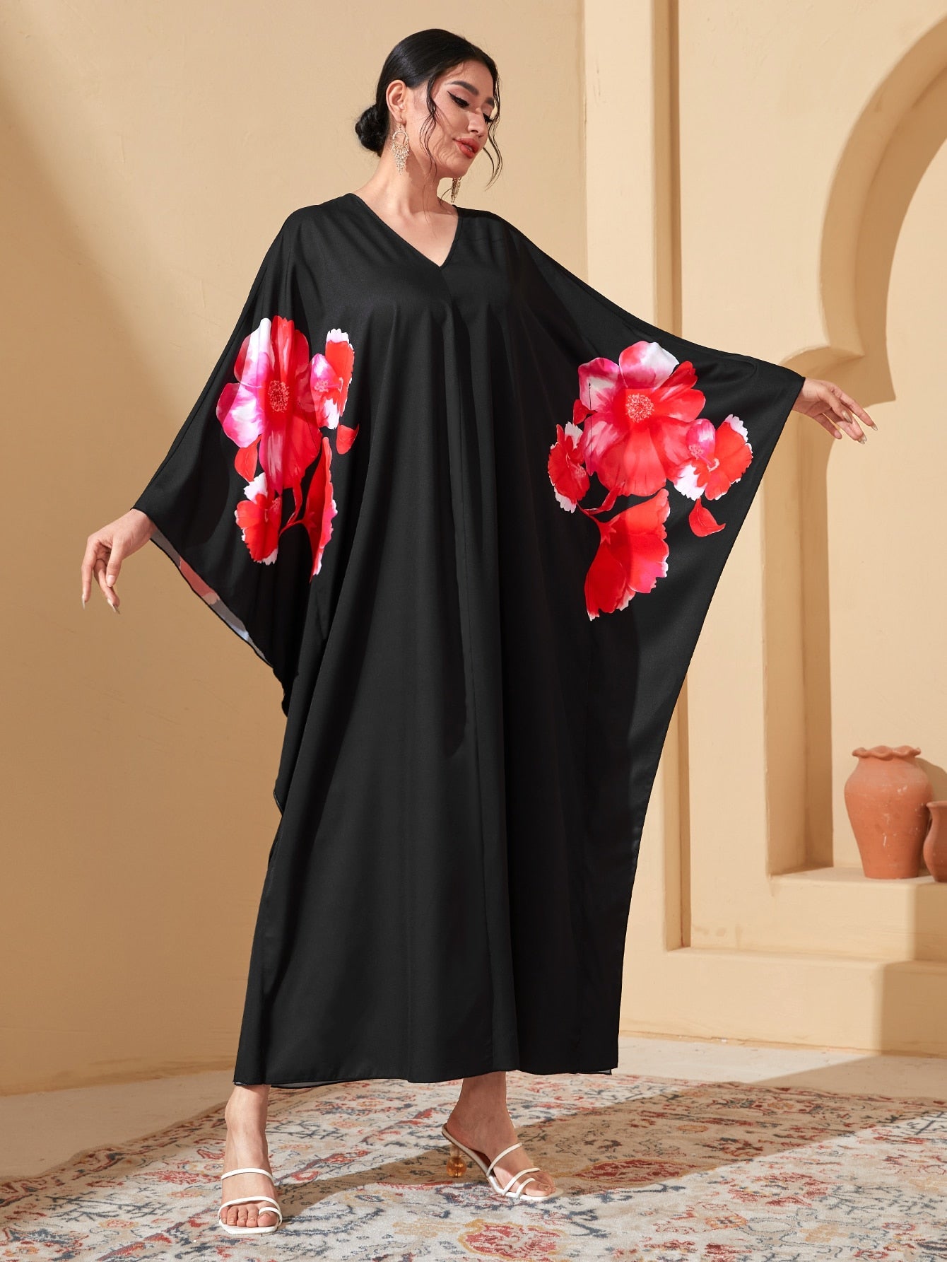 Najma Floral Print Batwing Sleeve Kaftan