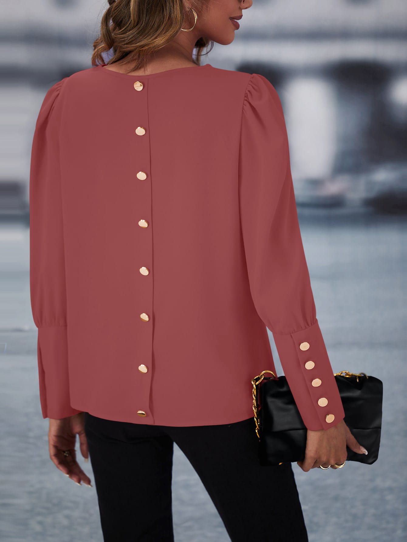 LUNE Puff Sleeve Button Detail Blouse