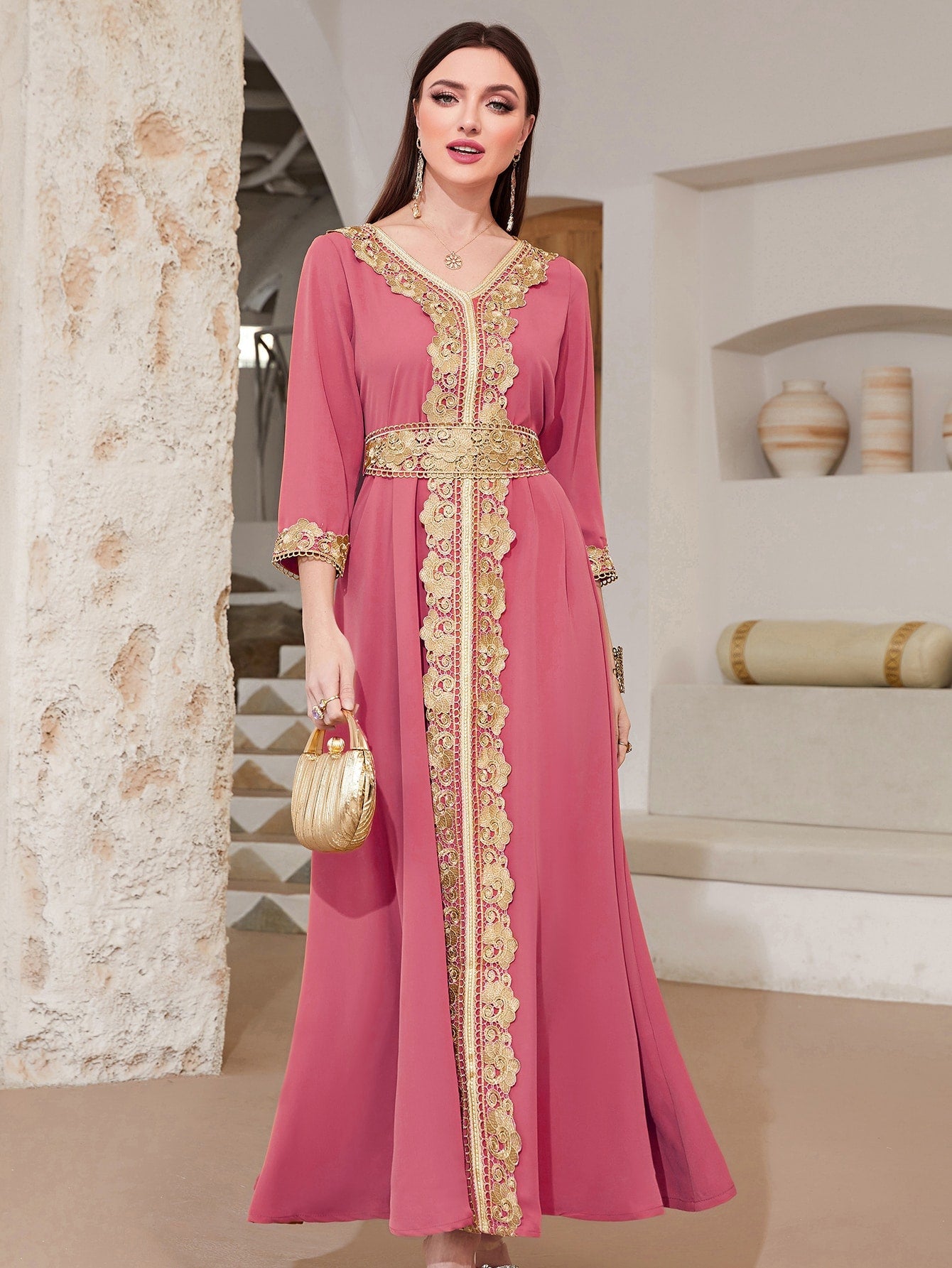 Najma Contrast Lace Tie Back Kaftan