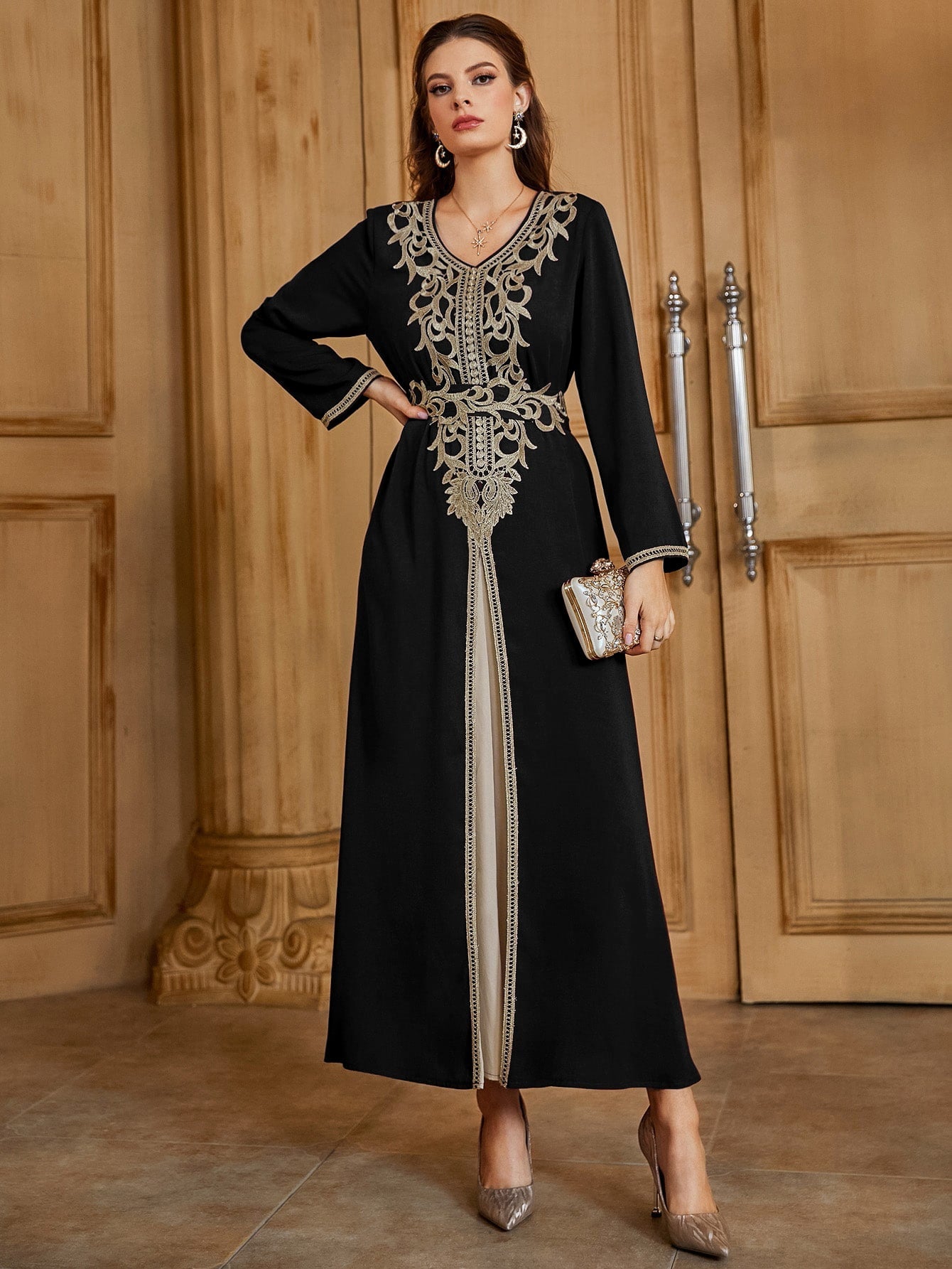 Najma Embroidery Contrast Trim Tie Back Kaftan Dress