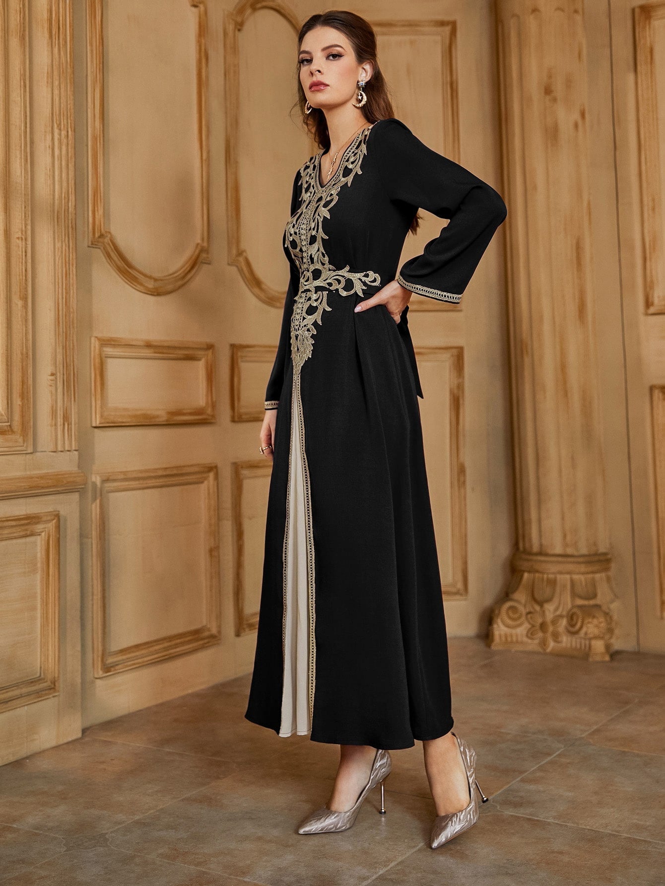 Najma Embroidery Contrast Trim Tie Back Kaftan Dress