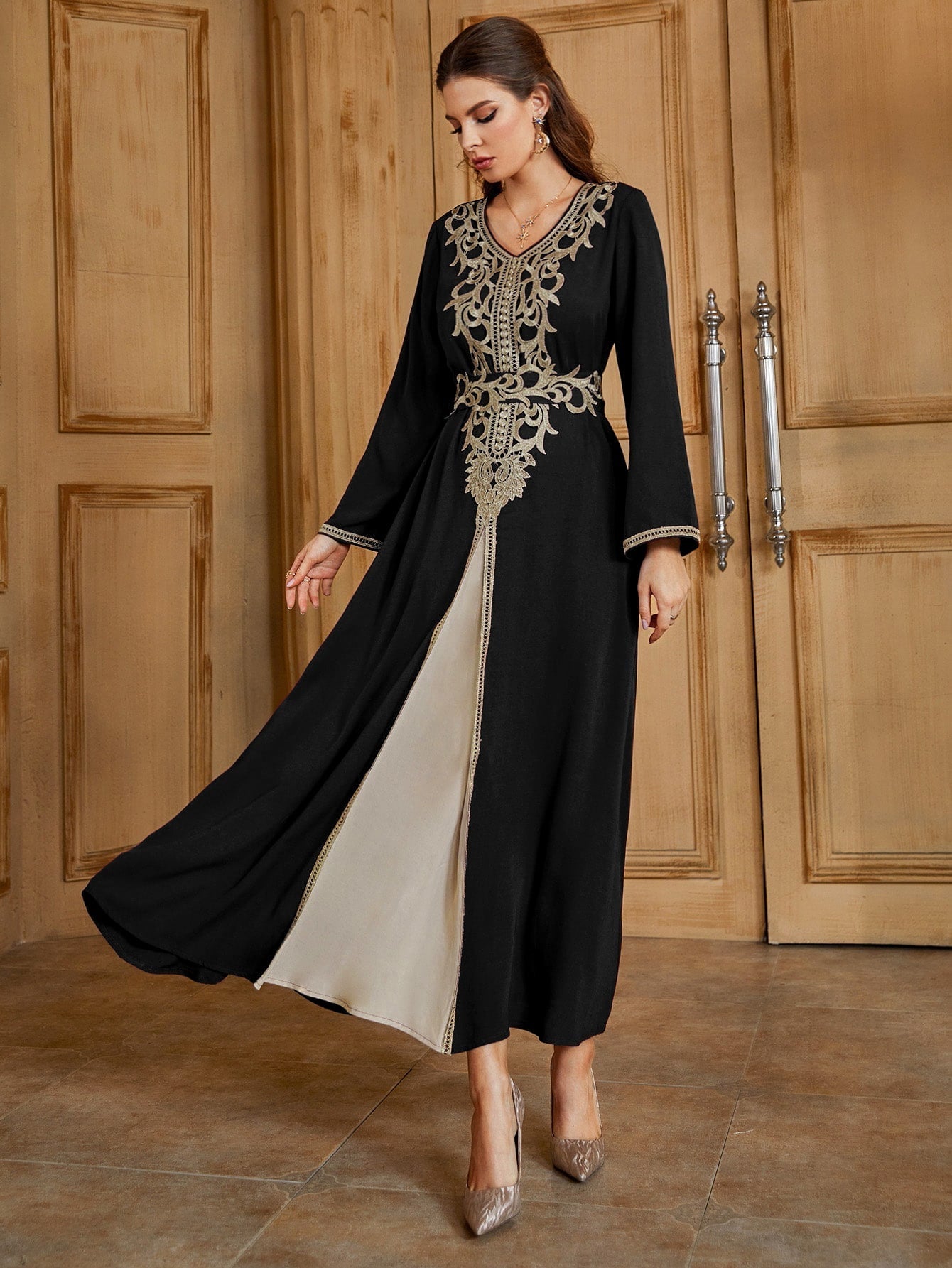 Najma Embroidery Contrast Trim Tie Back Kaftan Dress