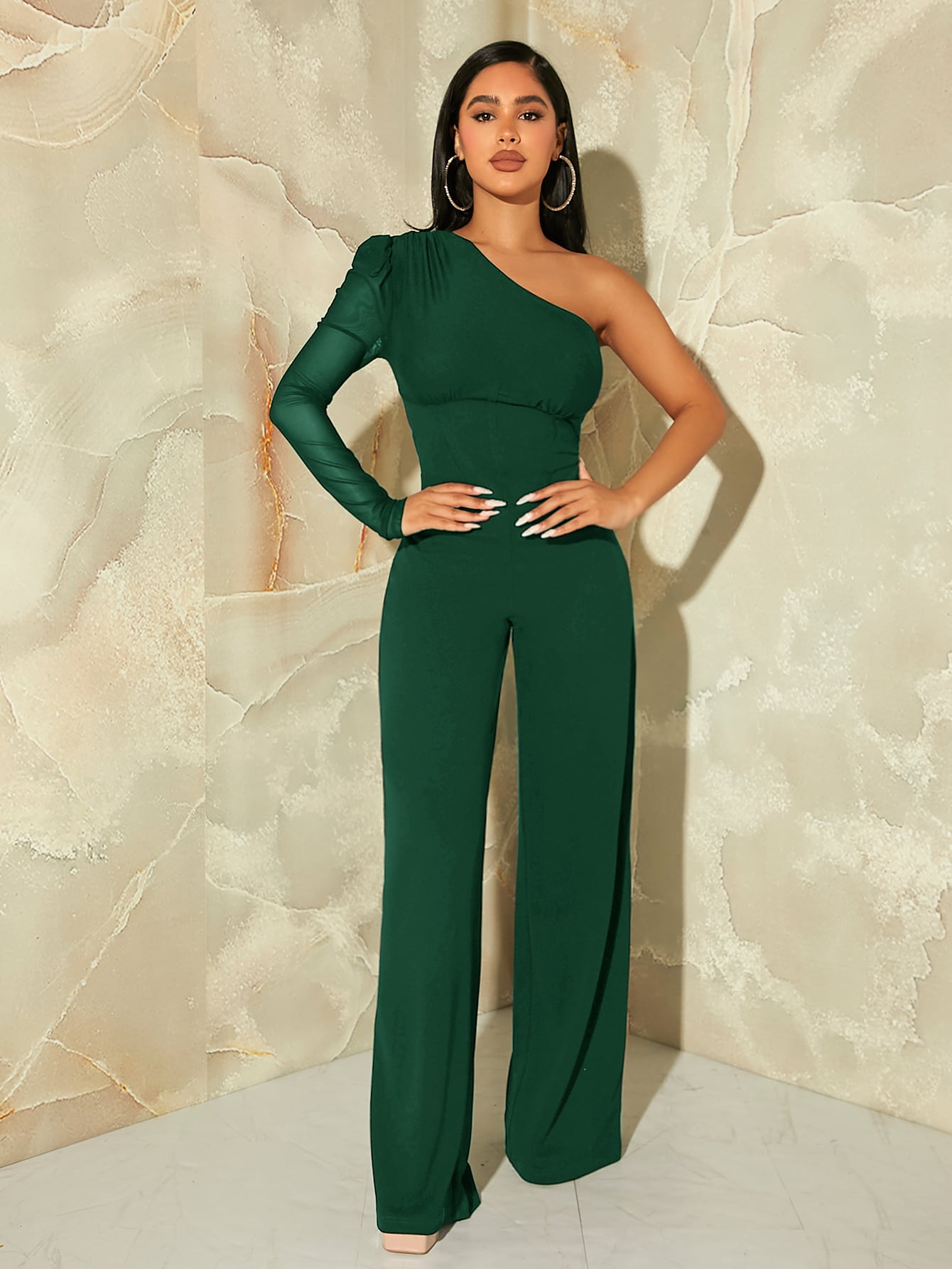 SXY One Shoulder Contrast Mesh Puff Sleeve Jumpsuit