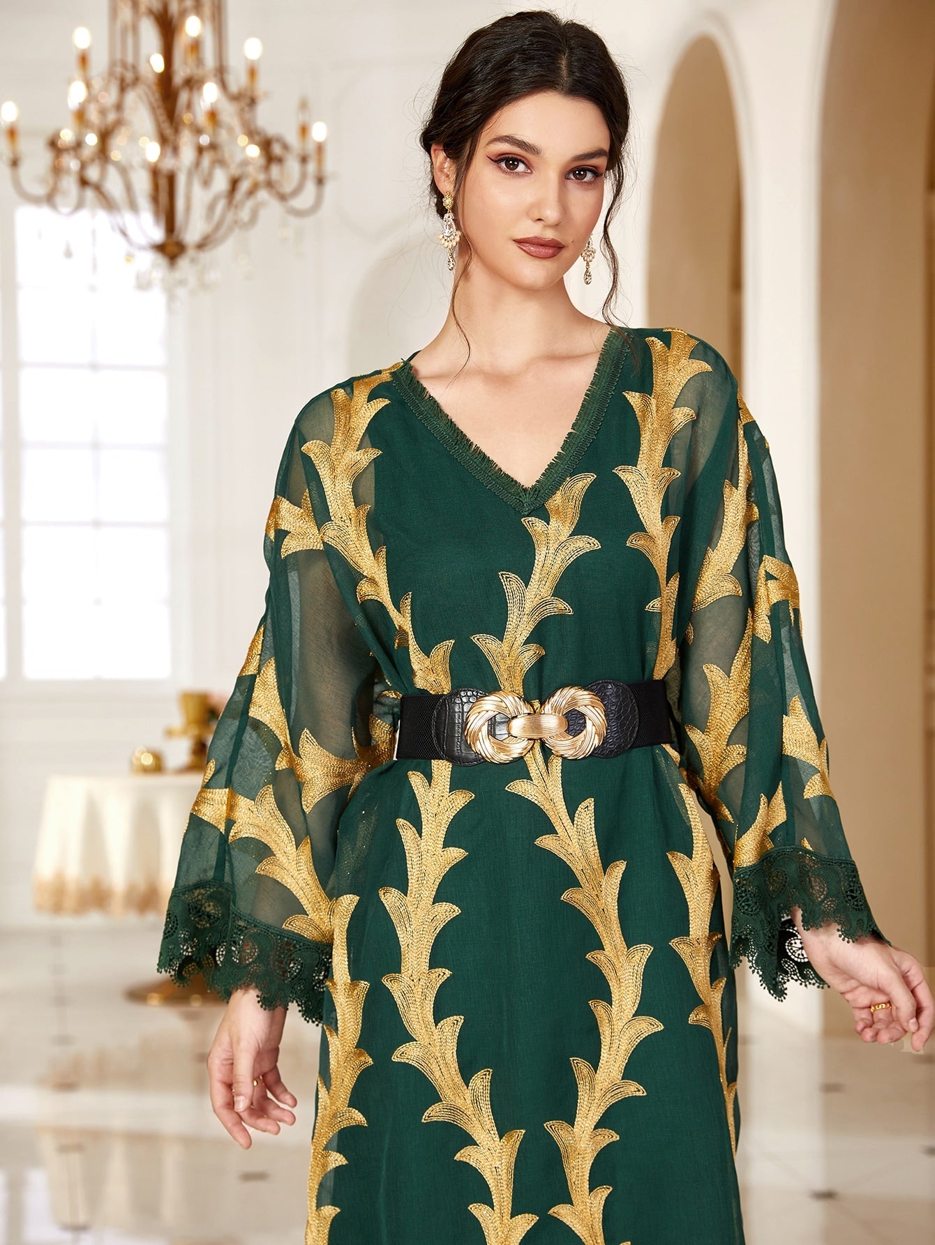 Najma Gold Plant Print Contrast Lace Trumpet Sleeve Ruffle Hem Kaftan Dress