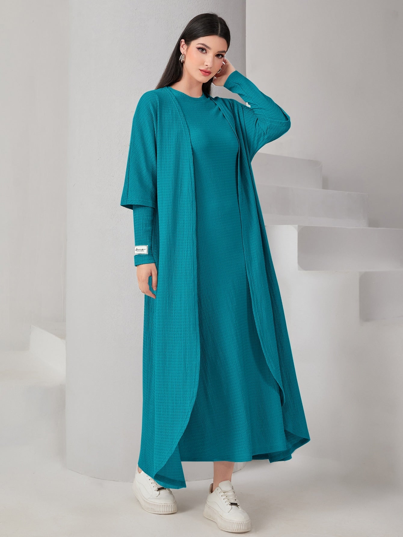 Mulvari Textured Knit Open Front Abaya & Dress