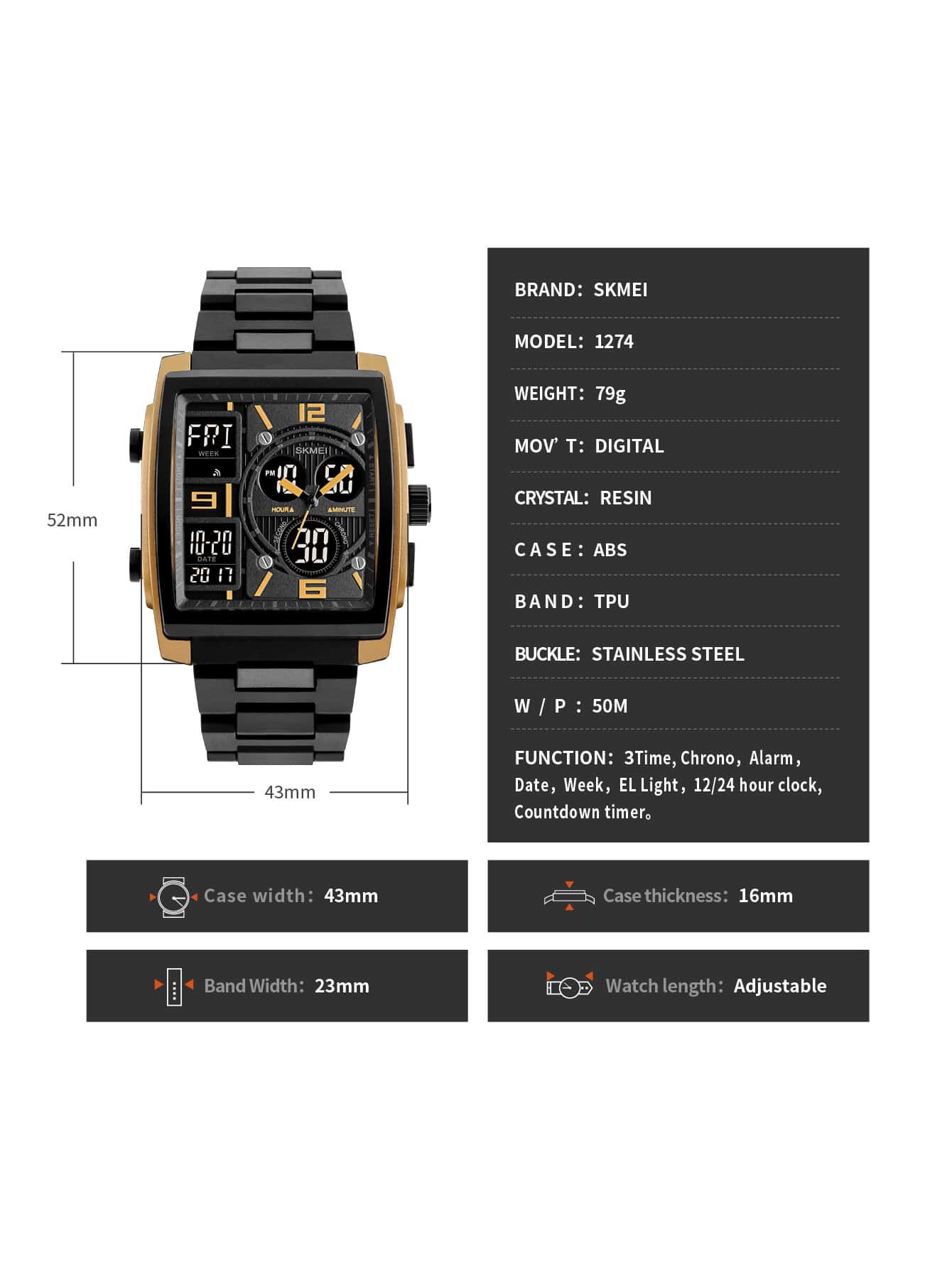 SKMEI 1pc Black TPU Strap Vintage Stopwatch Water Resistant Calendar 24 Hour Square Dial Digital Watch, For Daily Life