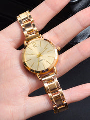 1pc Women Gold Zinc Alloy Strap Fashionable Round Dial Quartz Watch & 1pc Bracelet, For Daily Life