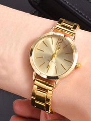 1pc Women Gold Zinc Alloy Strap Fashionable Round Dial Quartz Watch & 1pc Bracelet, For Daily Life