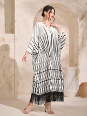 Najma Striped Print Fringe Hem Batwing Sleeve Kaftan