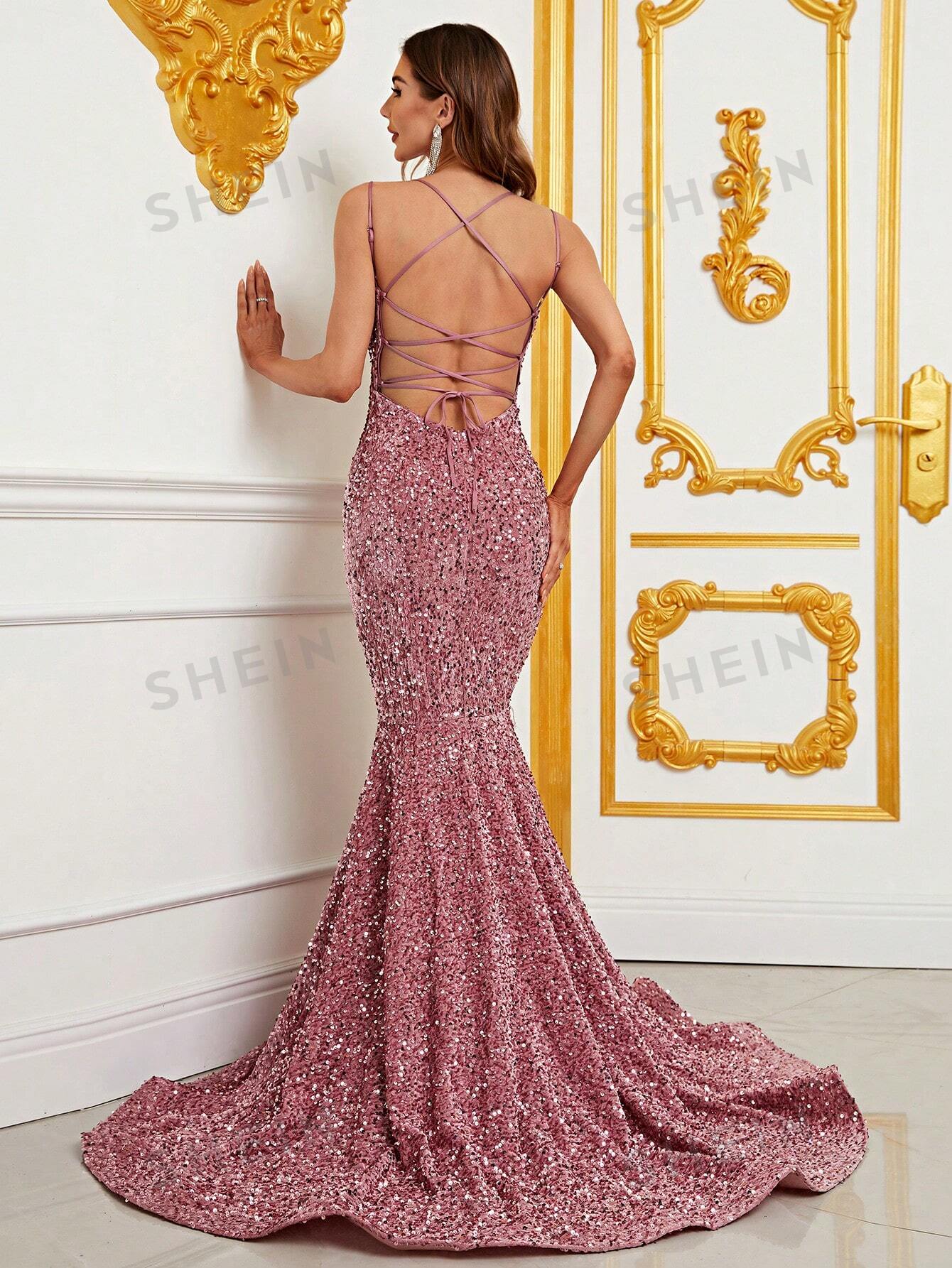 Mermaid Hem Crisscross Backless Sequin Formal Dress