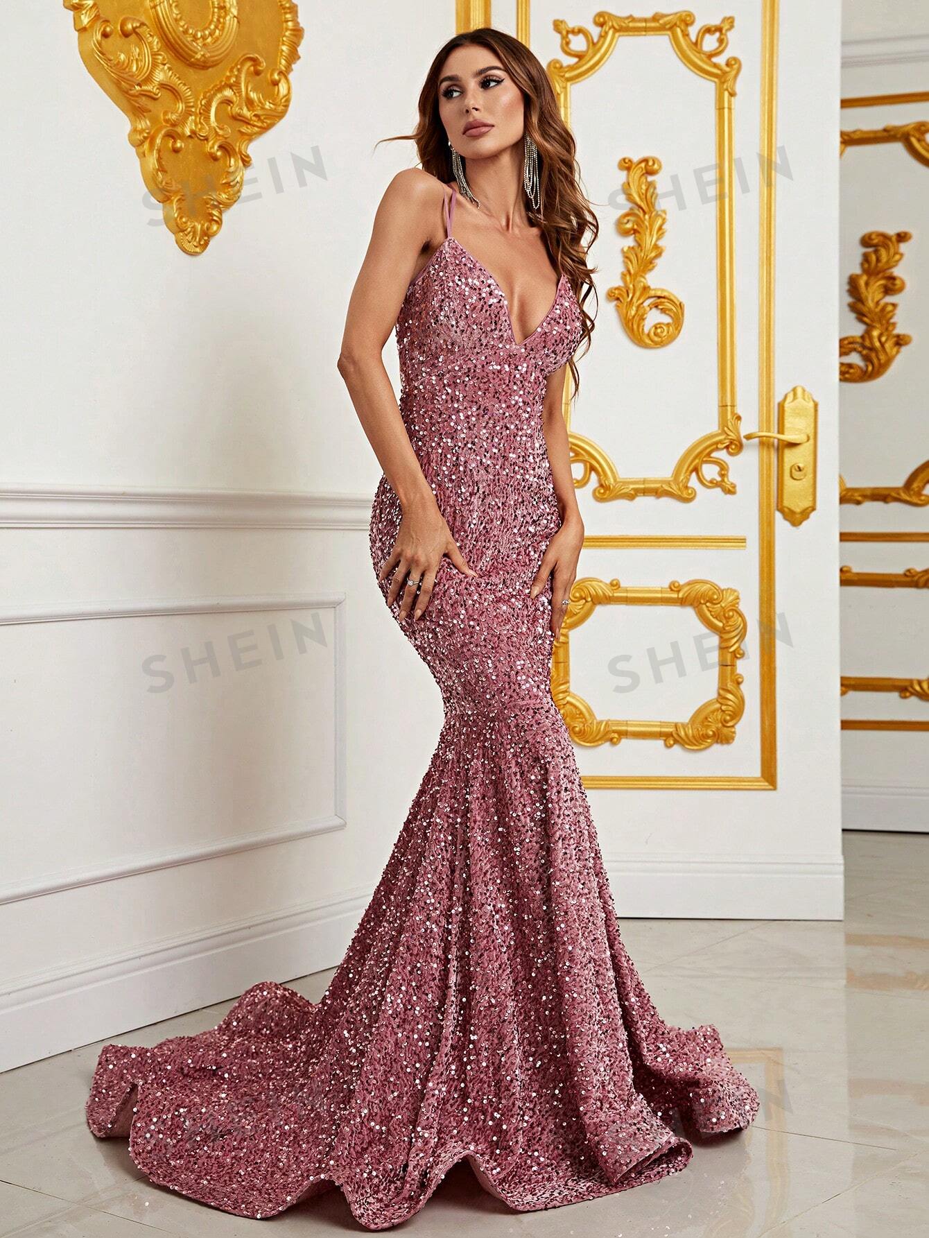 Mermaid Hem Crisscross Backless Sequin Formal Dress