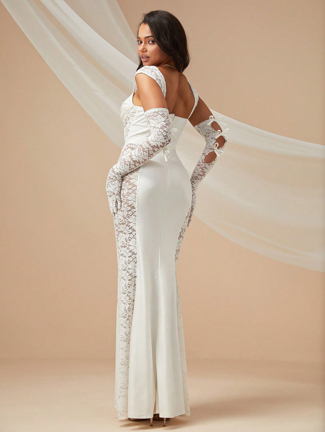 Lace Up Front Lace Bodycon Wedding Dress With Arm Sleeves