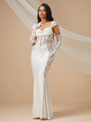 Lace Up Front Lace Bodycon Wedding Dress With Arm Sleeves