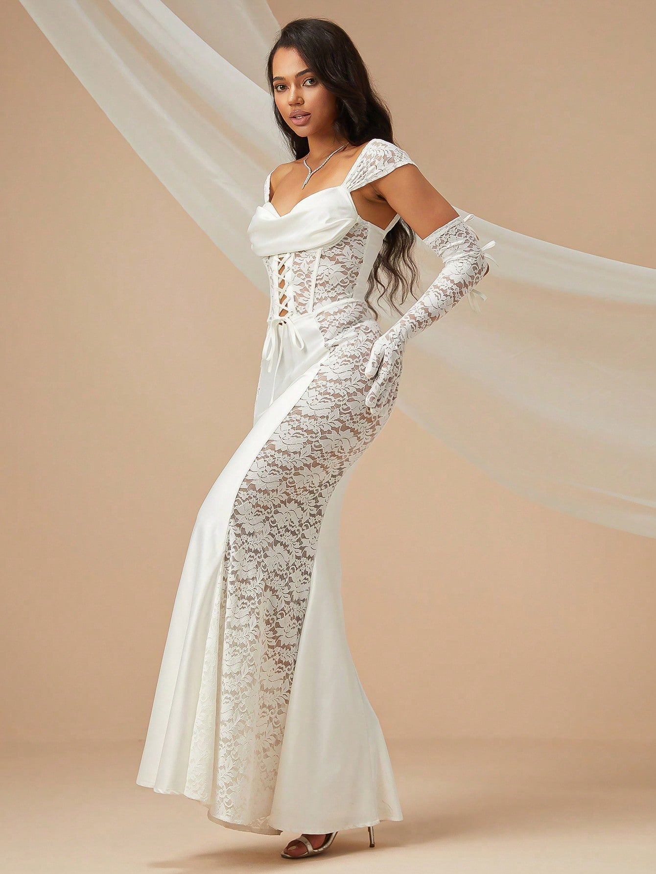 Lace Up Front Lace Bodycon Wedding Dress With Arm Sleeves