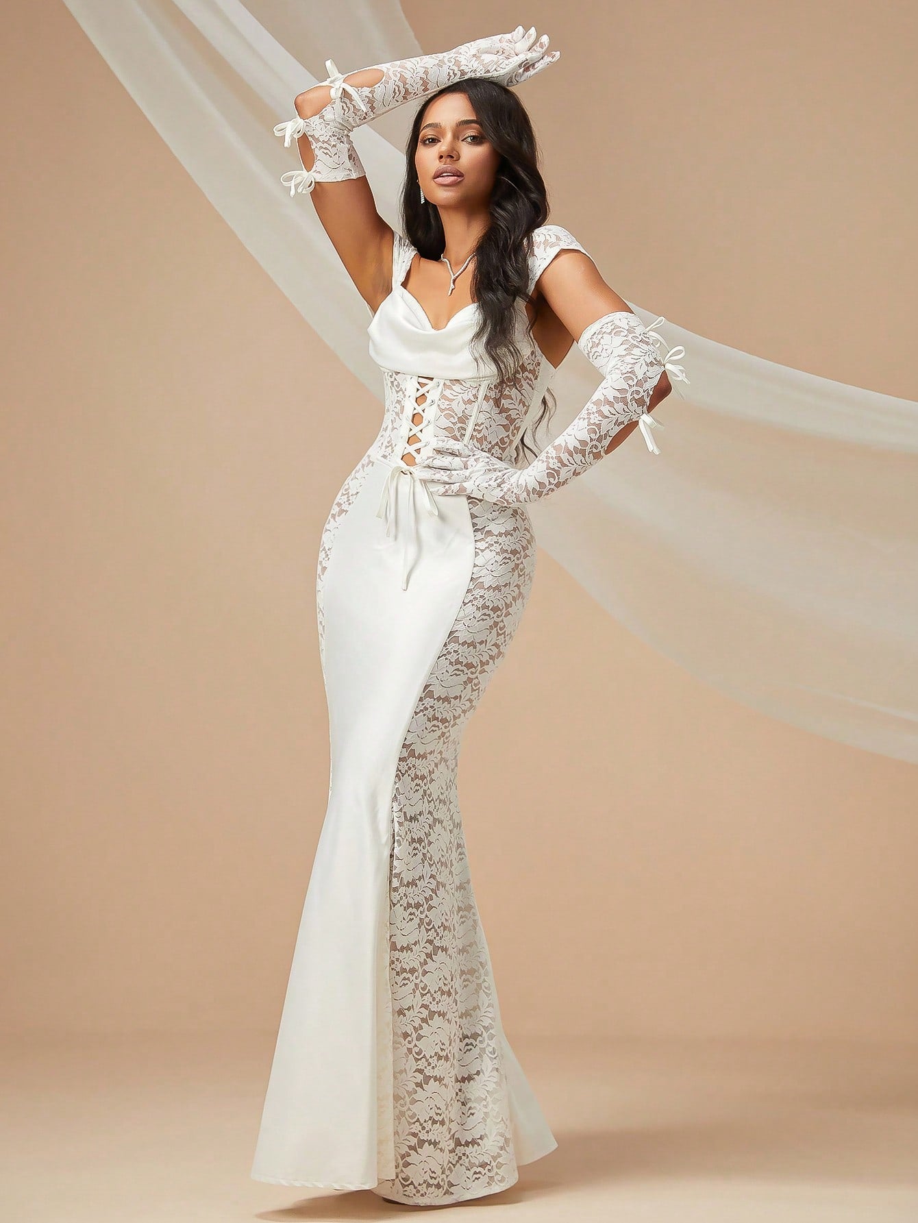 Lace Up Front Lace Bodycon Wedding Dress With Arm Sleeves