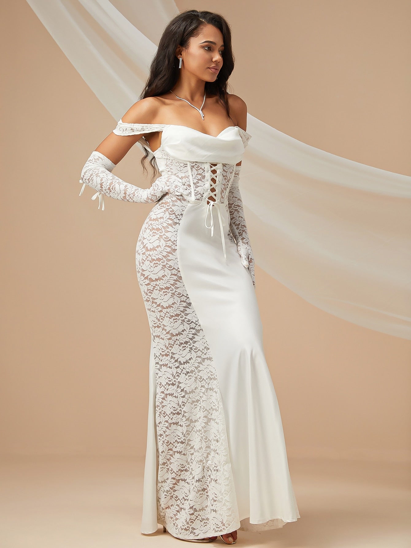 Lace Up Front Lace Bodycon Wedding Dress With Arm Sleeves