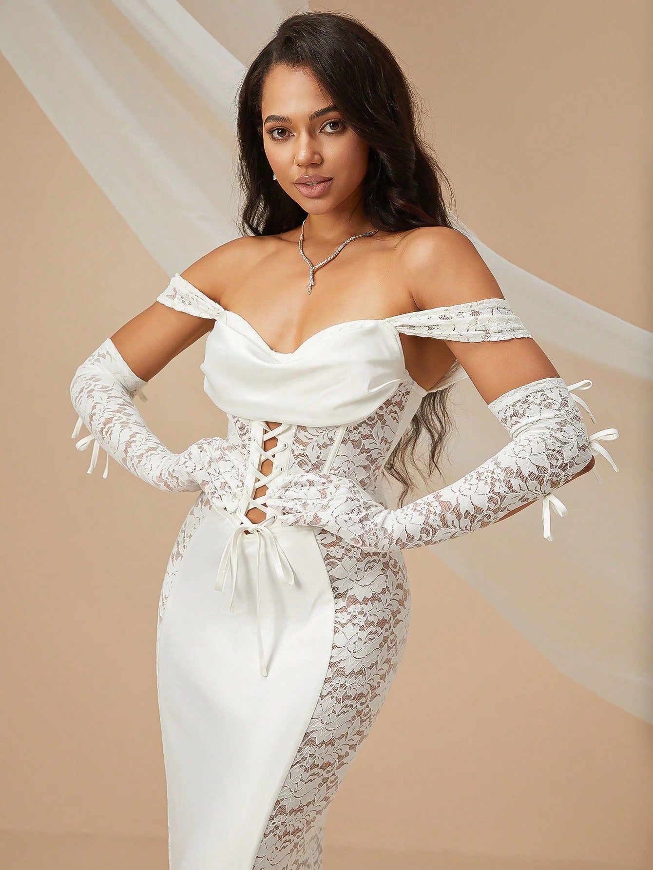 Lace Up Front Lace Bodycon Wedding Dress With Arm Sleeves