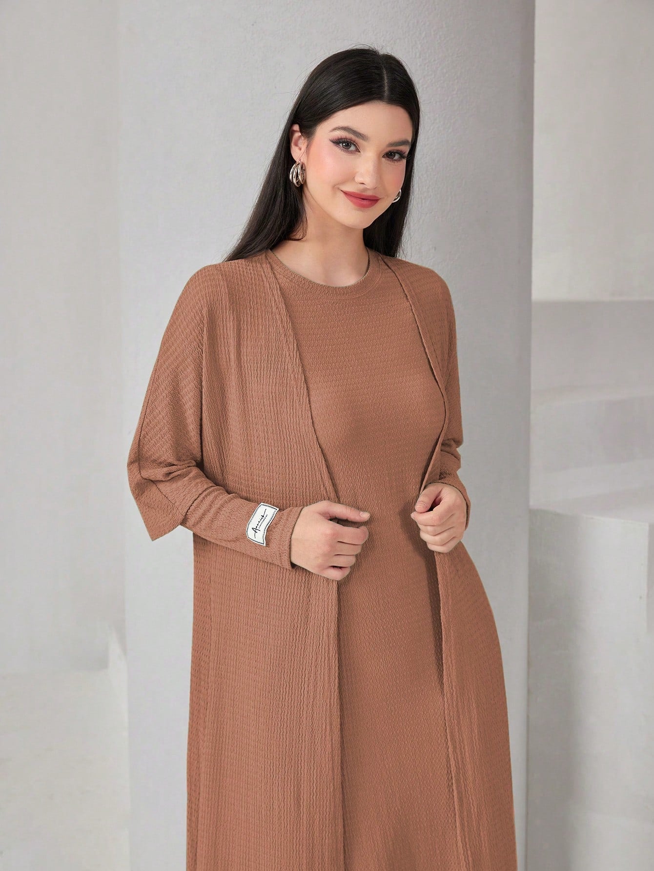 Mulvari Textured Knit Open Front Abaya & Dress