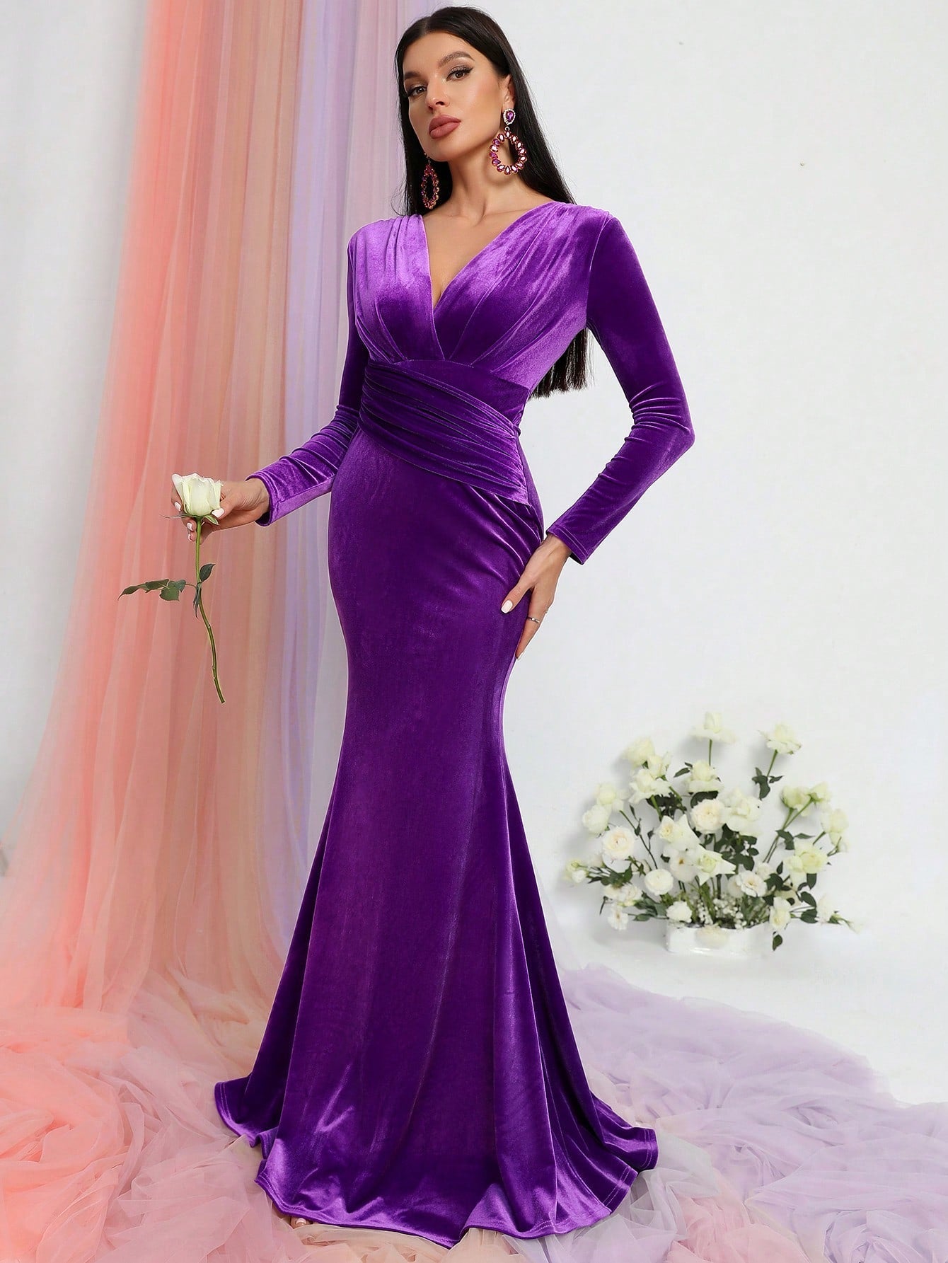 Plunging Neck Mermaid Hem Velvet Prom Dress