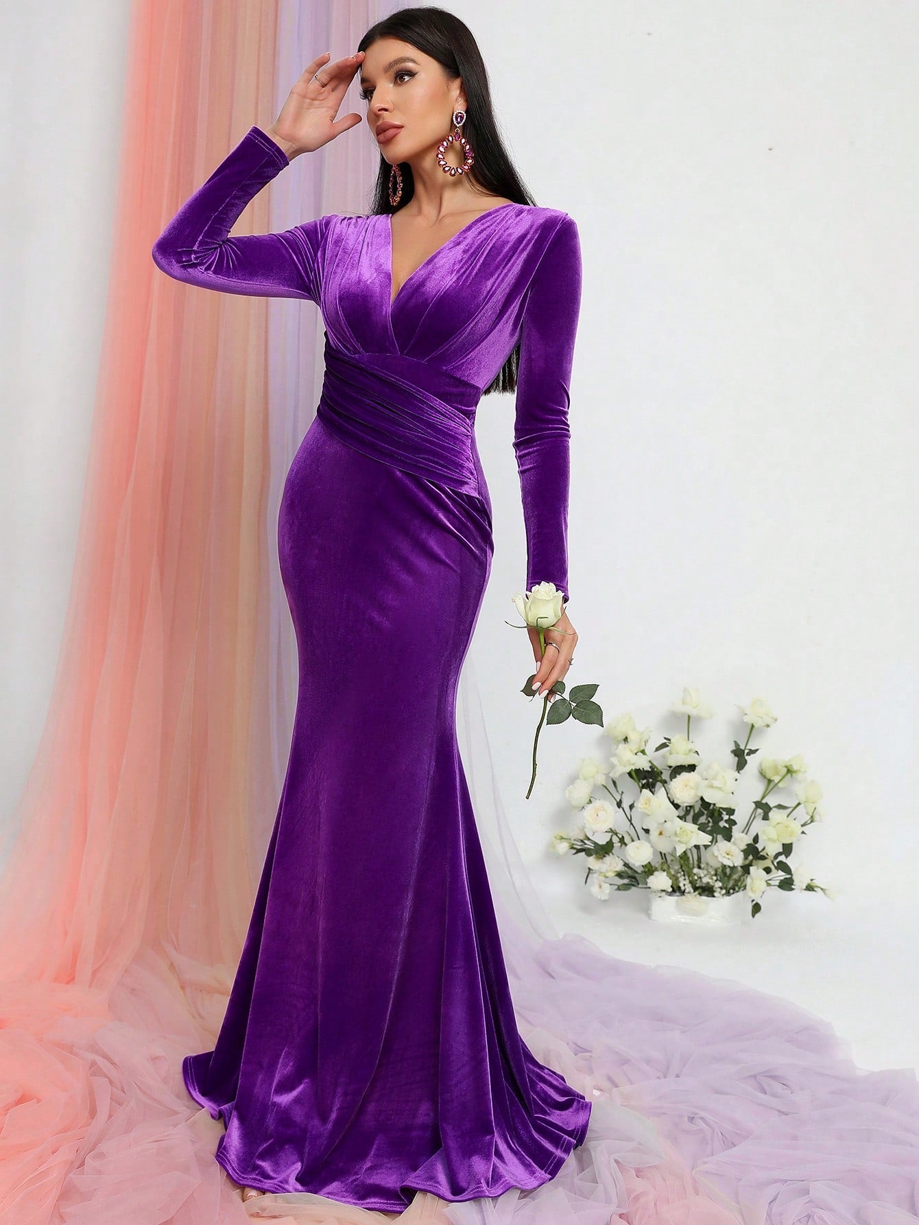 Plunging Neck Mermaid Hem Velvet Prom Dress