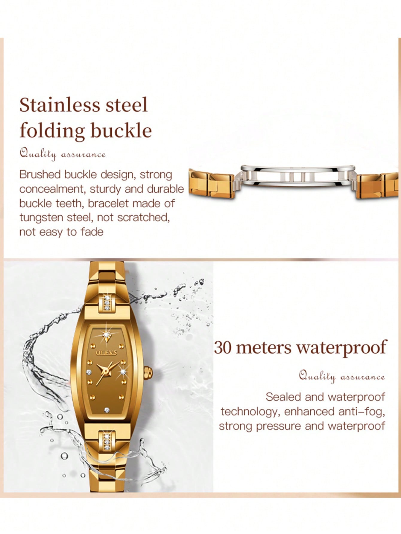 1pc Women Golden Tungsten Steel Fashion Water Resistant Tonneau Dial Quartz Watch, For Daily Decoration