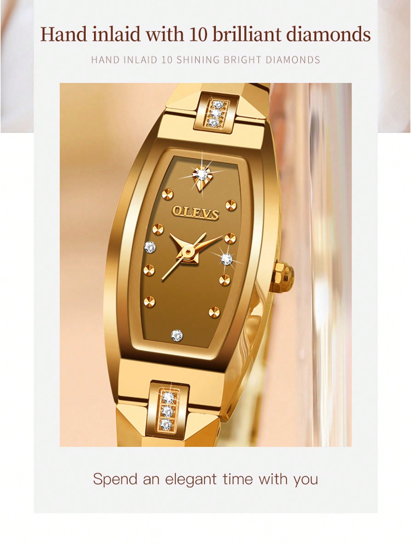 1pc Women Golden Tungsten Steel Fashion Water Resistant Tonneau Dial Quartz Watch, For Daily Decoration