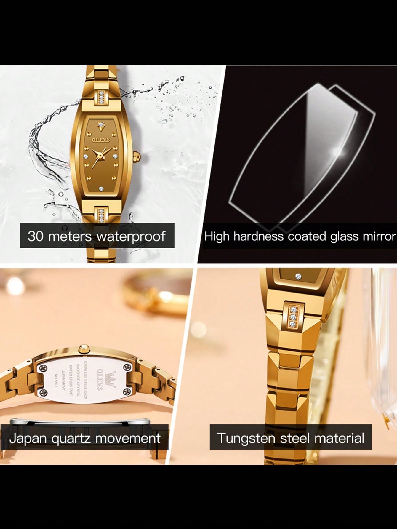 1pc Women Golden Tungsten Steel Fashion Water Resistant Tonneau Dial Quartz Watch, For Daily Decoration