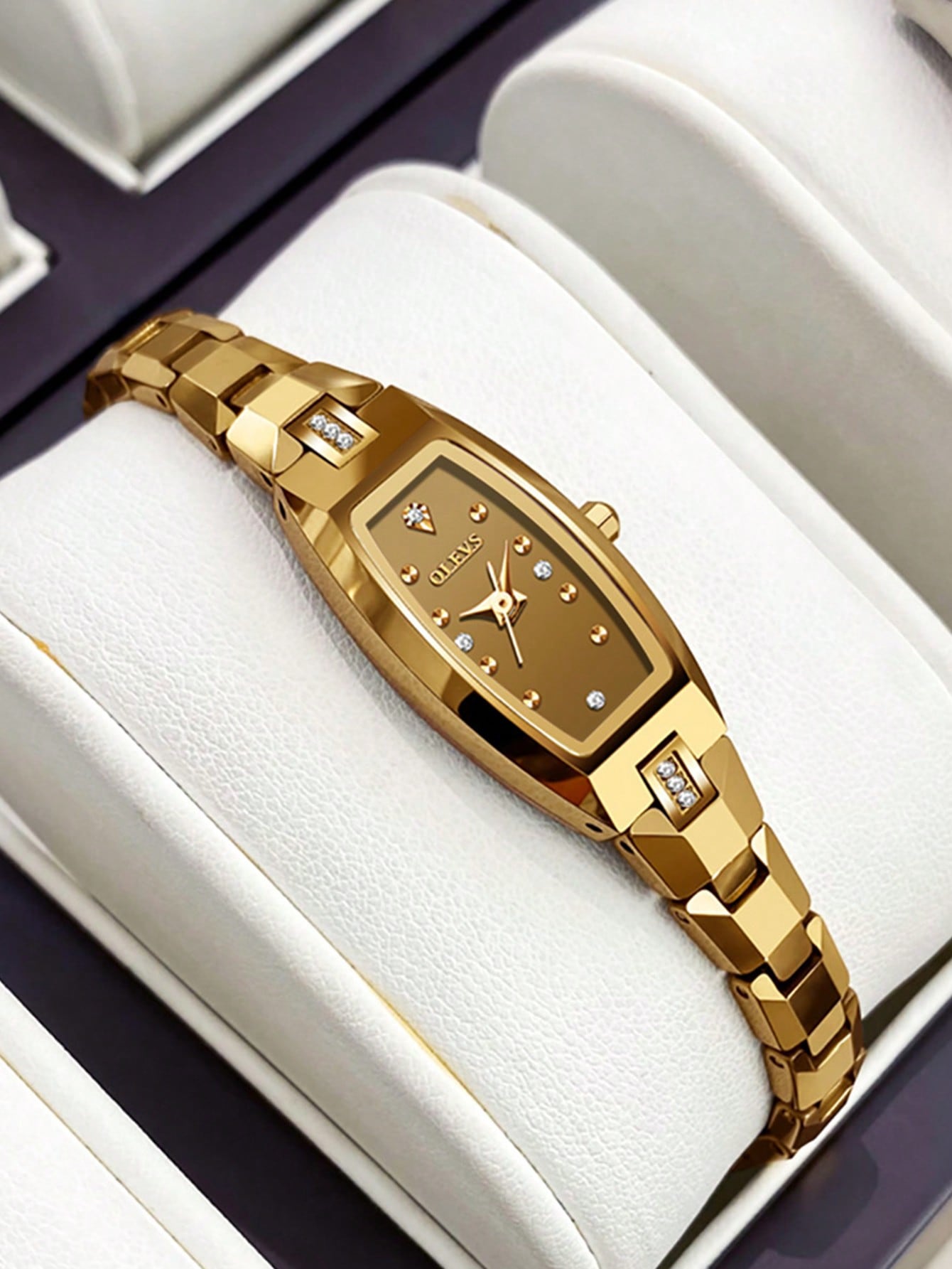 1pc Women Golden Tungsten Steel Fashion Water Resistant Tonneau Dial Quartz Watch, For Daily Decoration