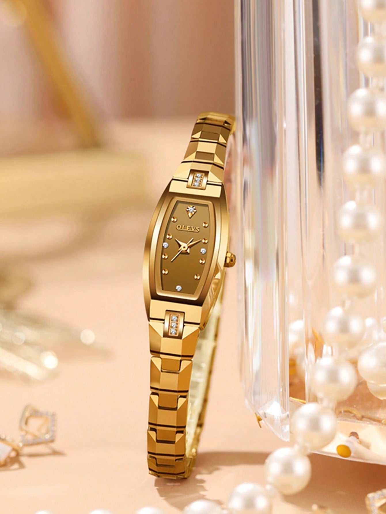 1pc Women Golden Tungsten Steel Fashion Water Resistant Tonneau Dial Quartz Watch, For Daily Decoration