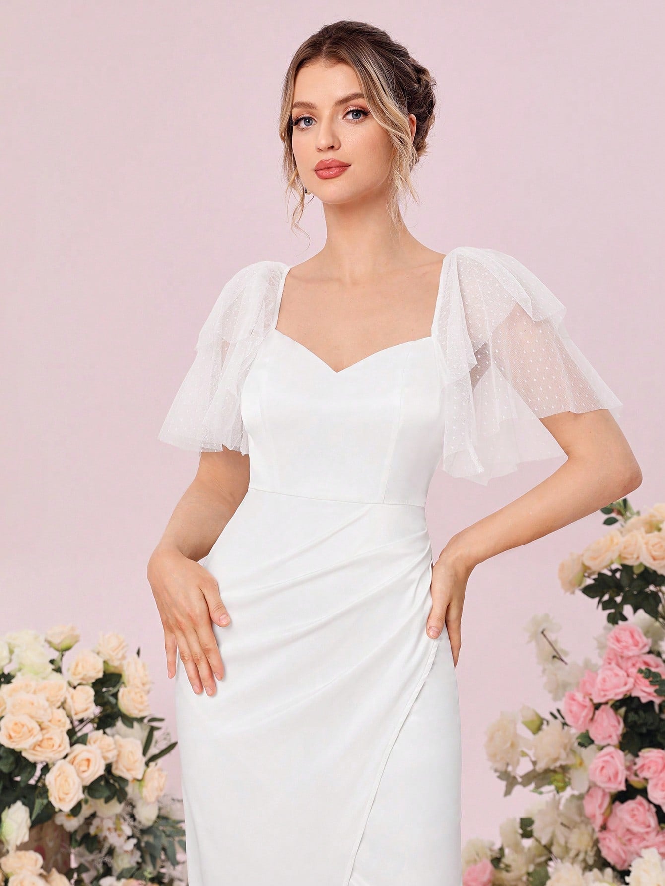 Belle Contrast Mesh Butterfly Sleeve Wrap Hem Wedding Dress