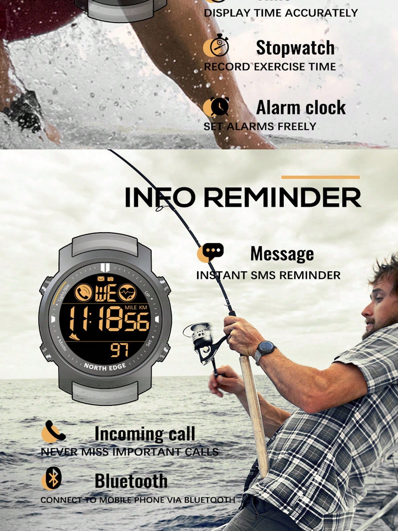 1pc Black Rubber Strap Sporty Water Resistant Calendar Stopwatch Round Dial Digital Watch, For Daily Life