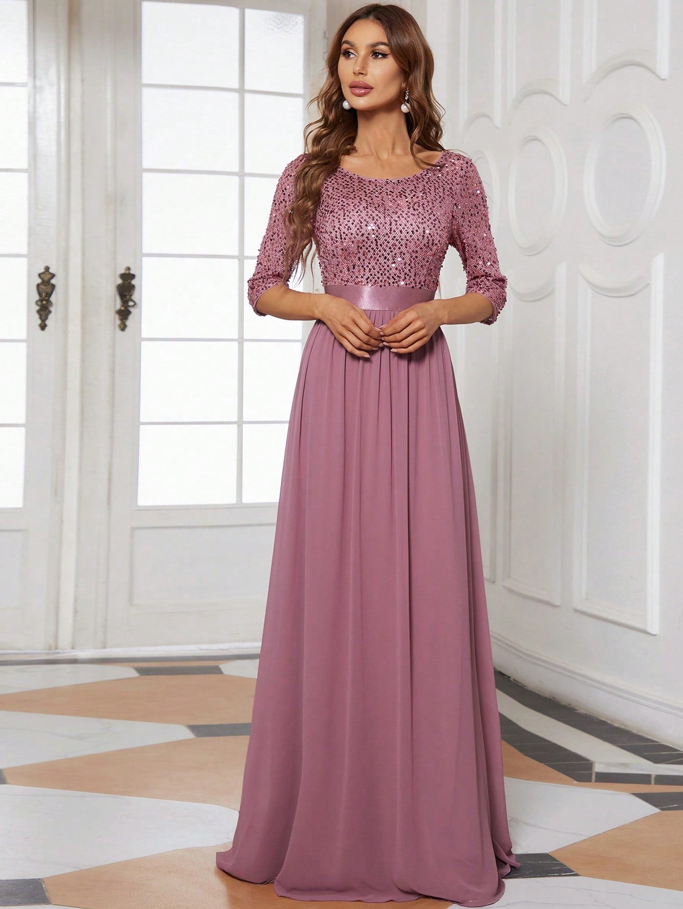 EVER-PRETTY Contrast Sequin Chiffon Formal Dress