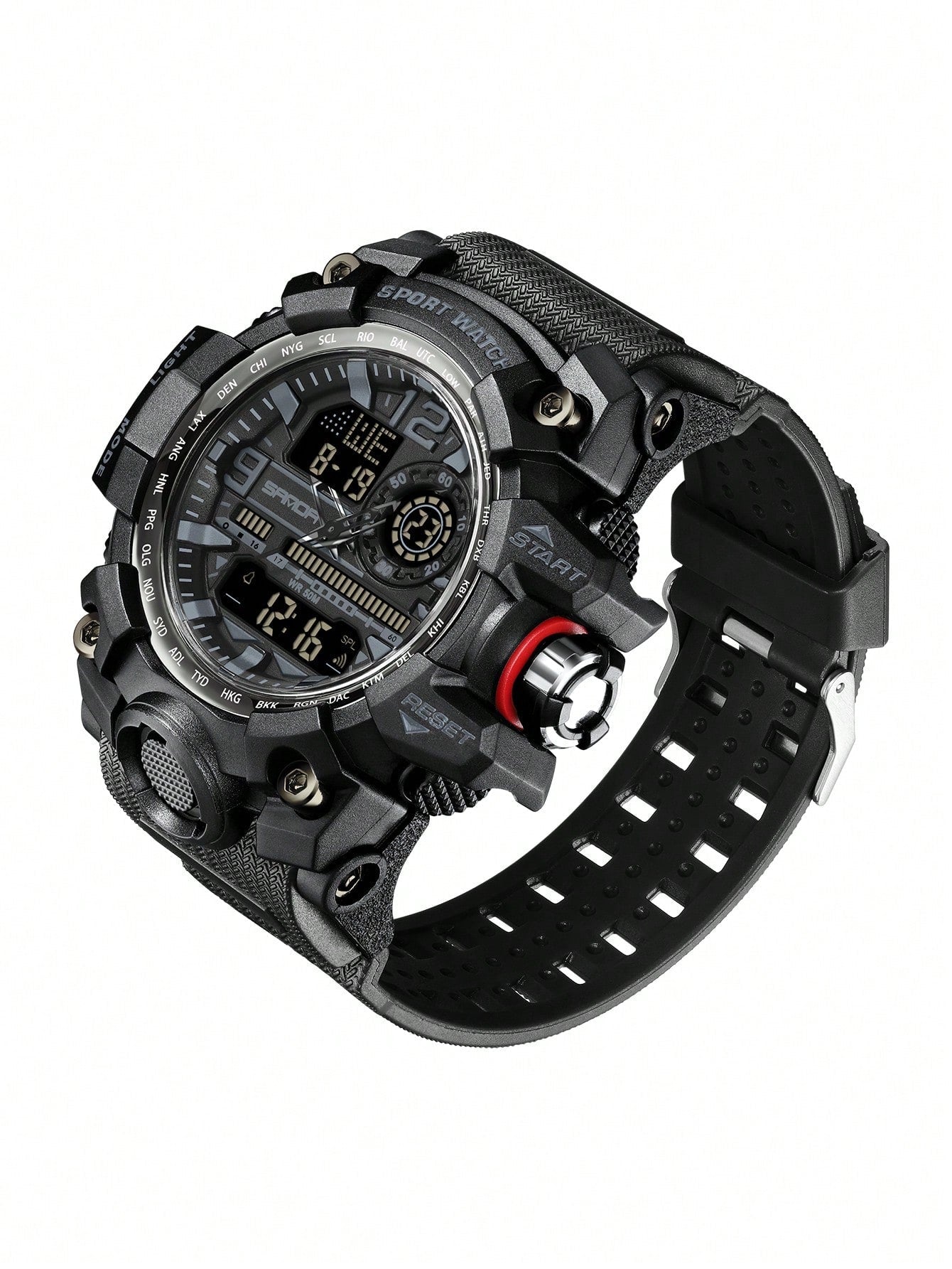 1pc Men Grey TPU Strap Sporty Date Chronograph Water Resistant 24 Hour Letter Graphic Round Dial Digital Watch, For Daily Decoration