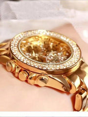 1pc Women Gold Alloy Strap Glamorous Water Resistant Rhinestone Decor Round Dial Quartz Watch, For Daily Life