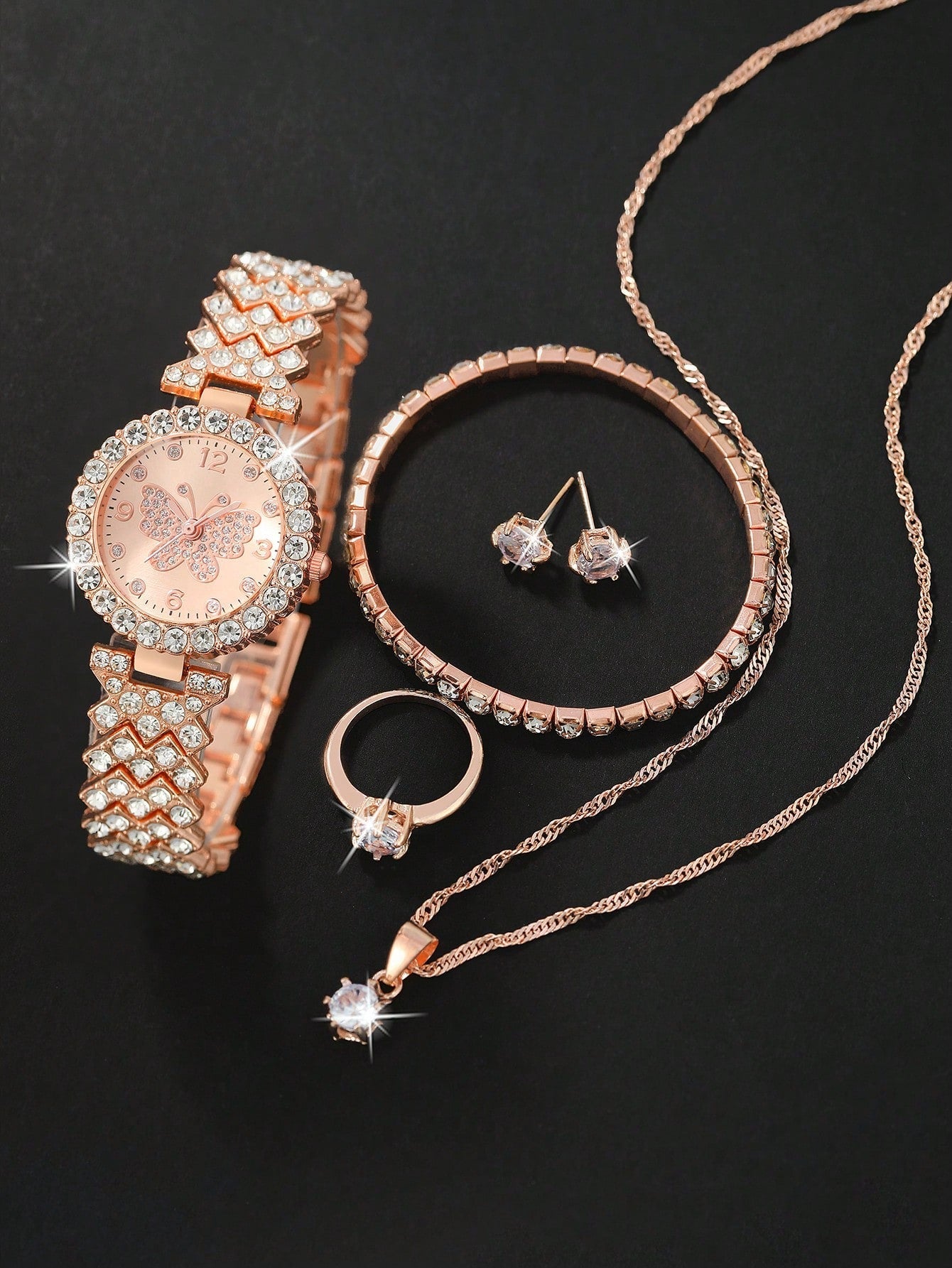 1pc Women Rose Gold Zinc Alloy Strap Glamorous Rhinestone Decor Round Dial Quartz Watch & 5pcs Jewelry Set, For Daily Decoration