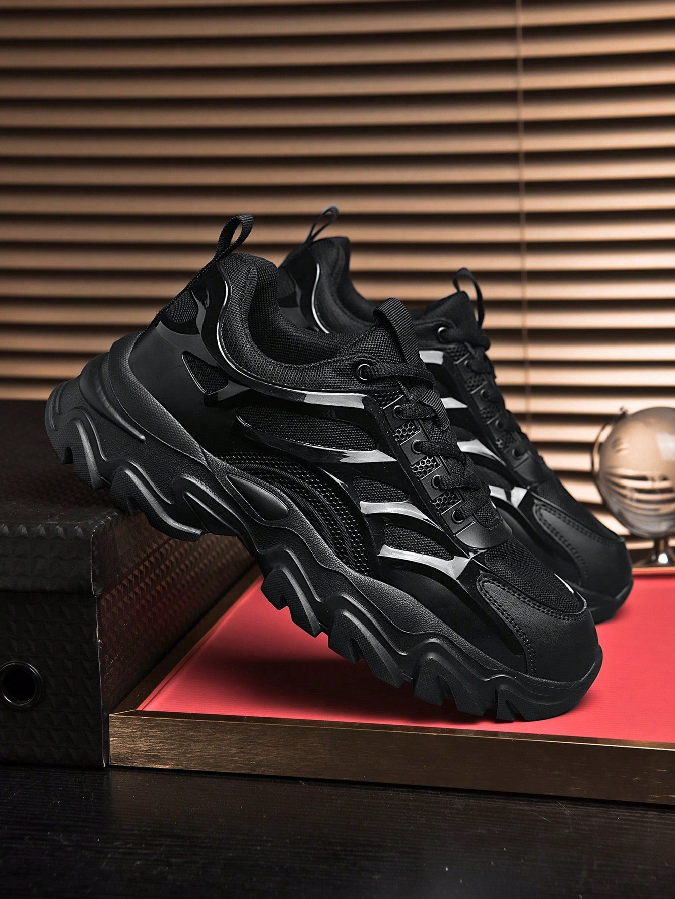 Sporty Chunky Sneakers For Men, Black Lace-up Front Sneakers