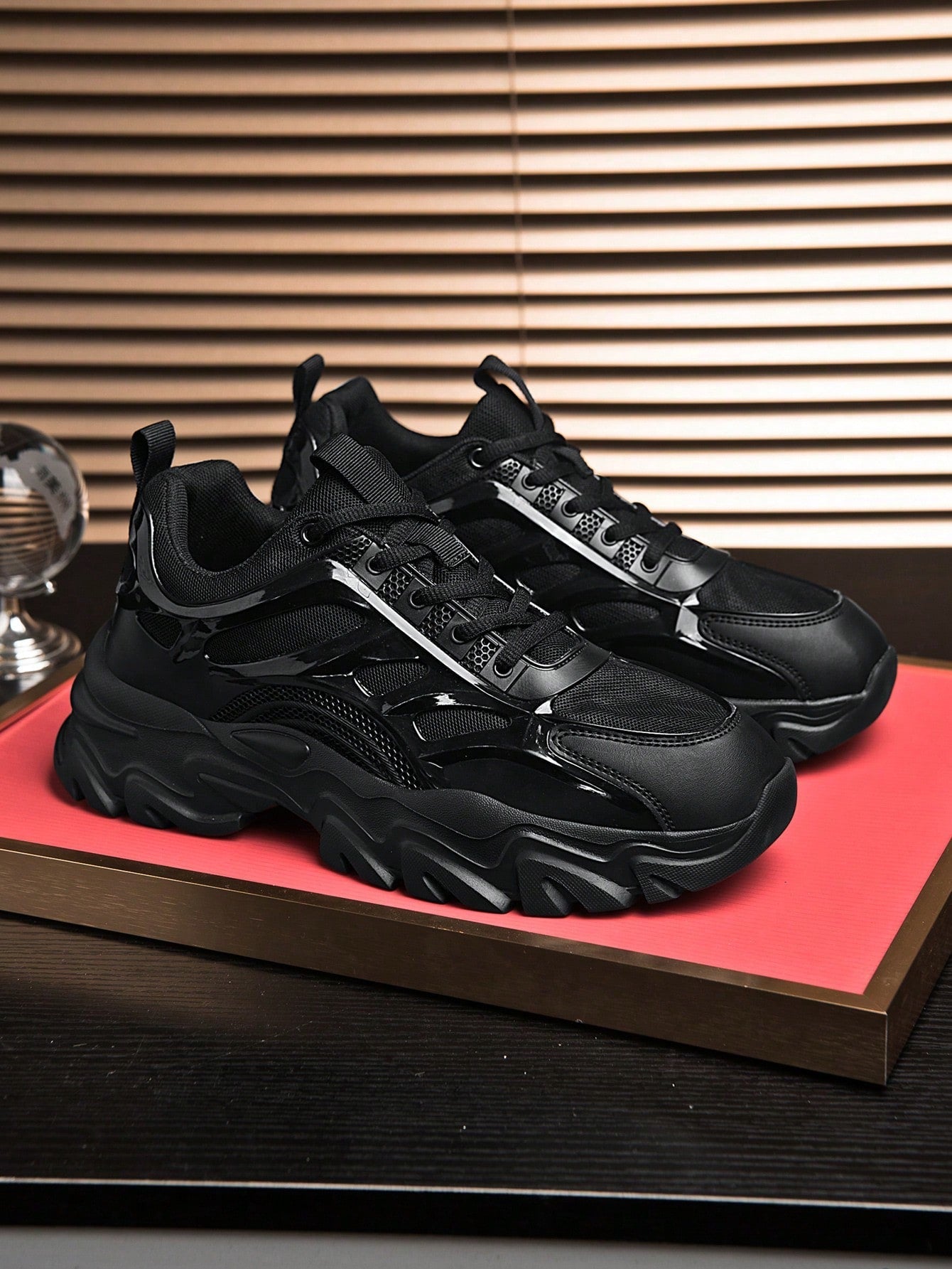 Sporty Chunky Sneakers For Men, Black Lace-up Front Sneakers