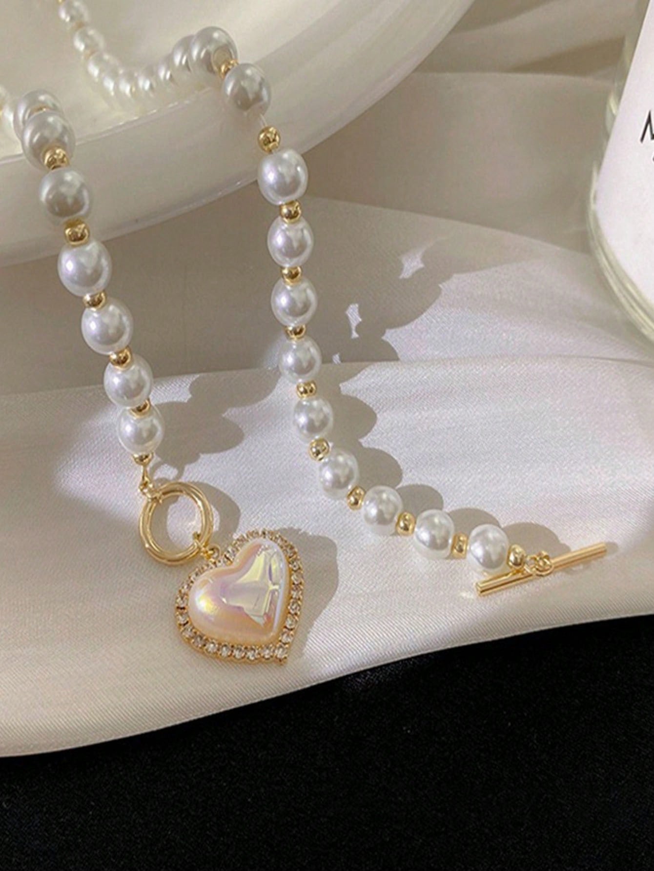 Faux Pearl Decor Heart Charm OT Buckle Necklace