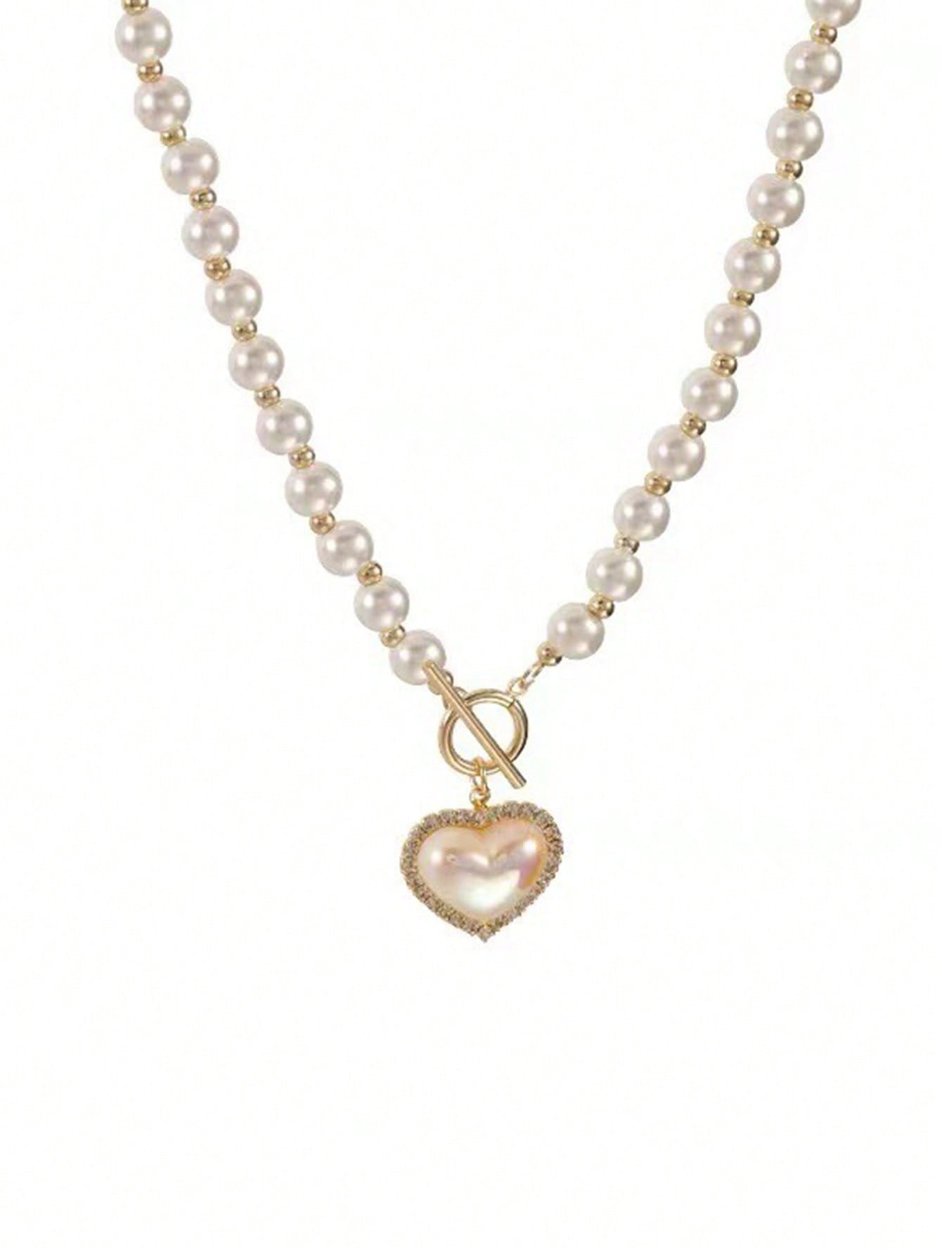 Faux Pearl Decor Heart Charm OT Buckle Necklace