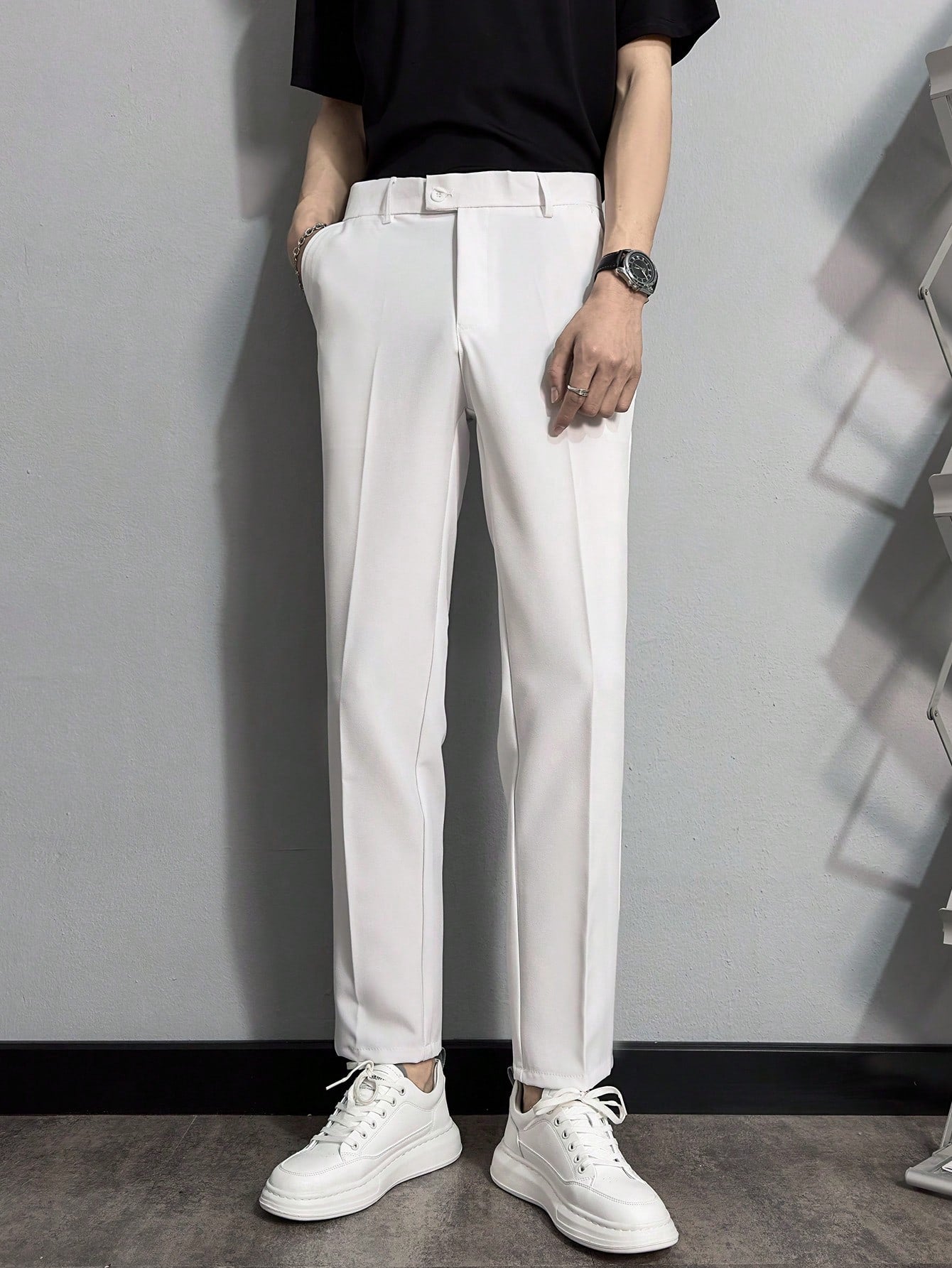 Men Slant Pocket Solid Suit Pants