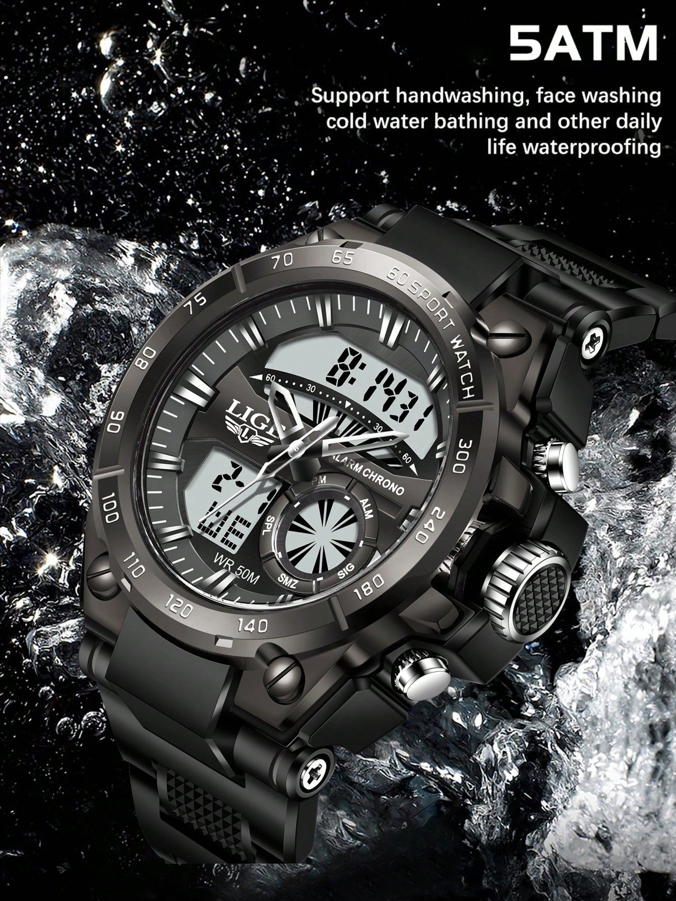 LIGE 1pc Black Silicone Strap Sporty Date 24 Hour Chronograph Round Dial Digital Watch, For Daily Life