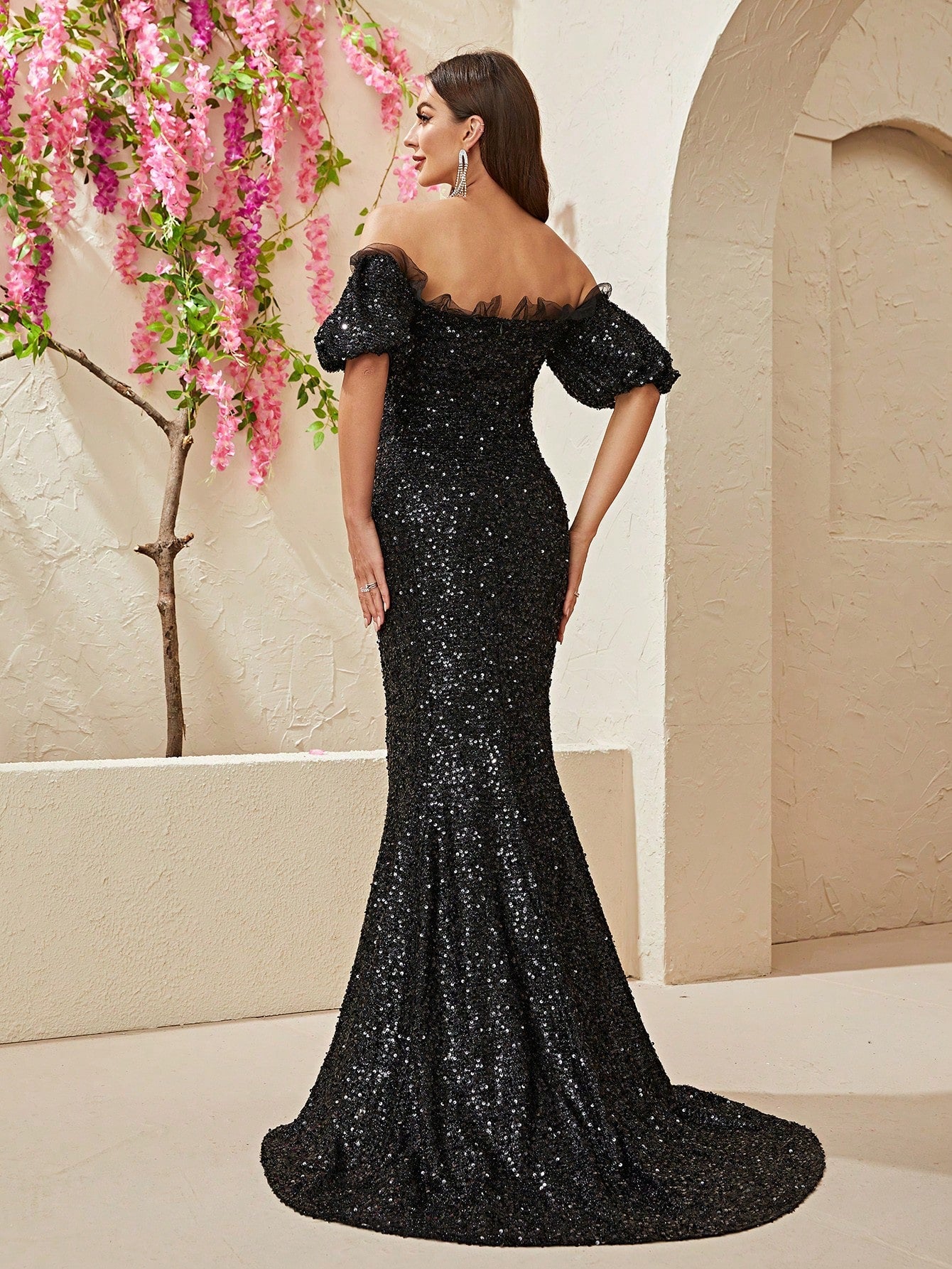 Giffniseti Off Shoulder Lantern Sleeve Mermaid Hem Sequin Prom Dress