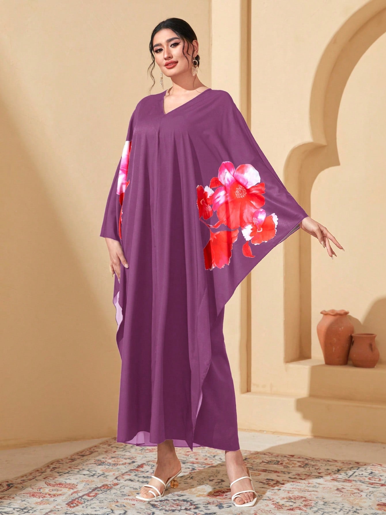 Najma Floral Print Batwing Sleeve Kaftan