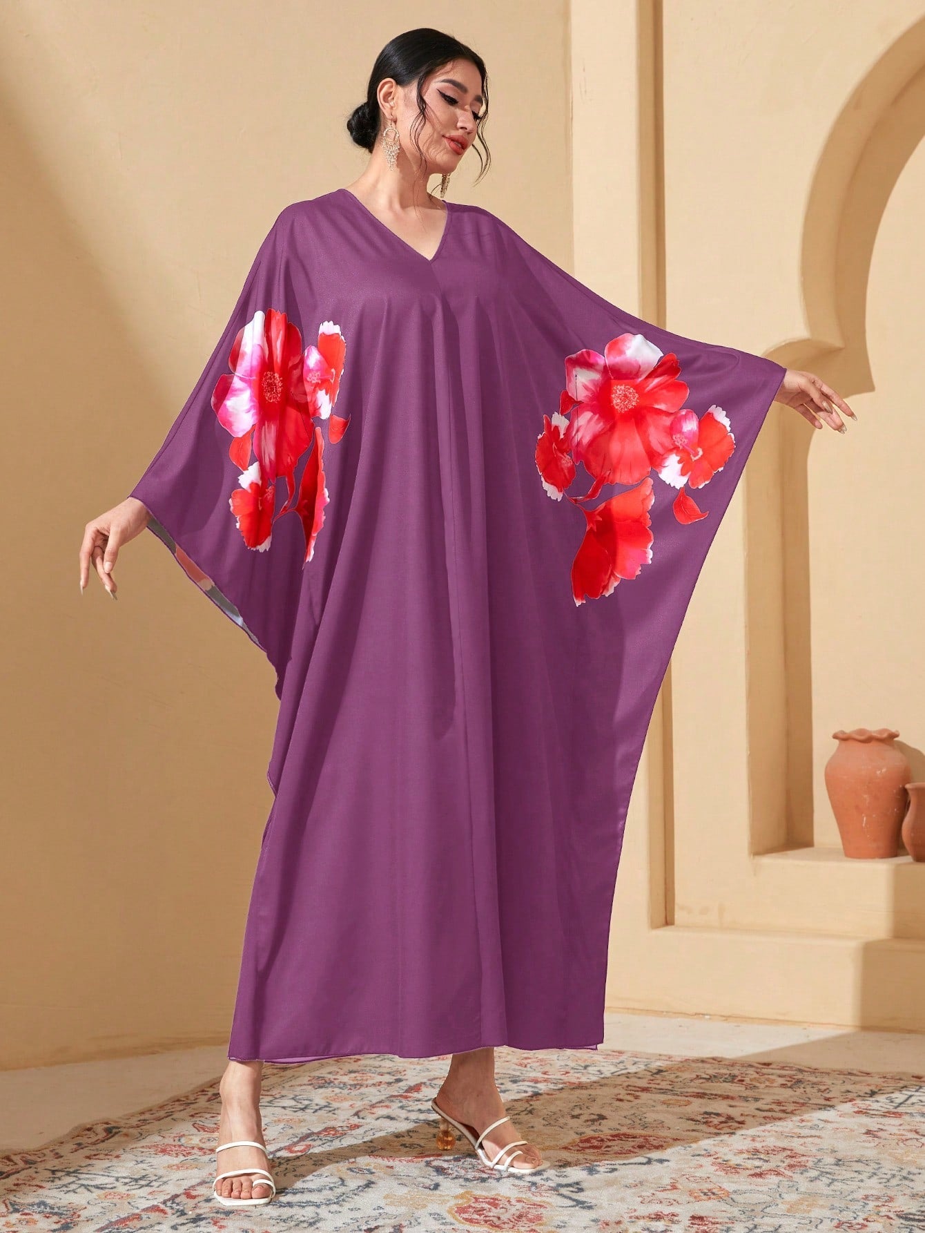 Najma Floral Print Batwing Sleeve Kaftan