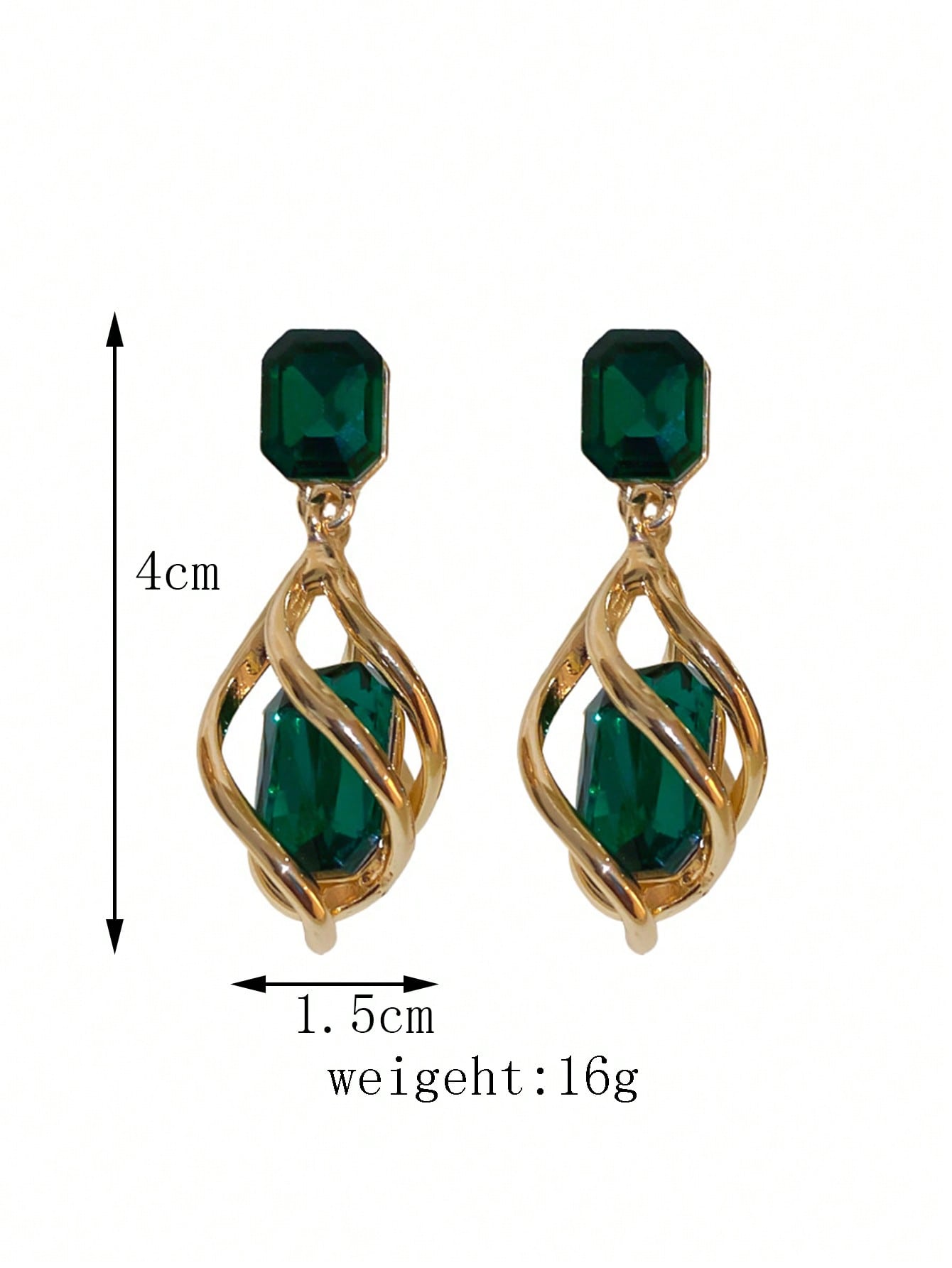 2pcs Green Gemstone & Rhinestone Inlaid Waterdrop Shaped Clip Earrings