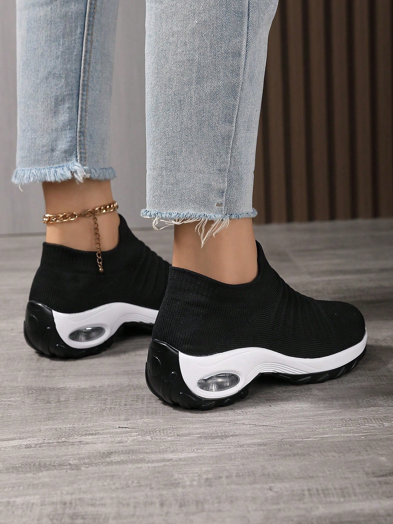 Women'S Breathable Knit Chunky Sneakers, Casual Slip On Air Cushion Shoes, Lightweight Low Top Sock Shoes