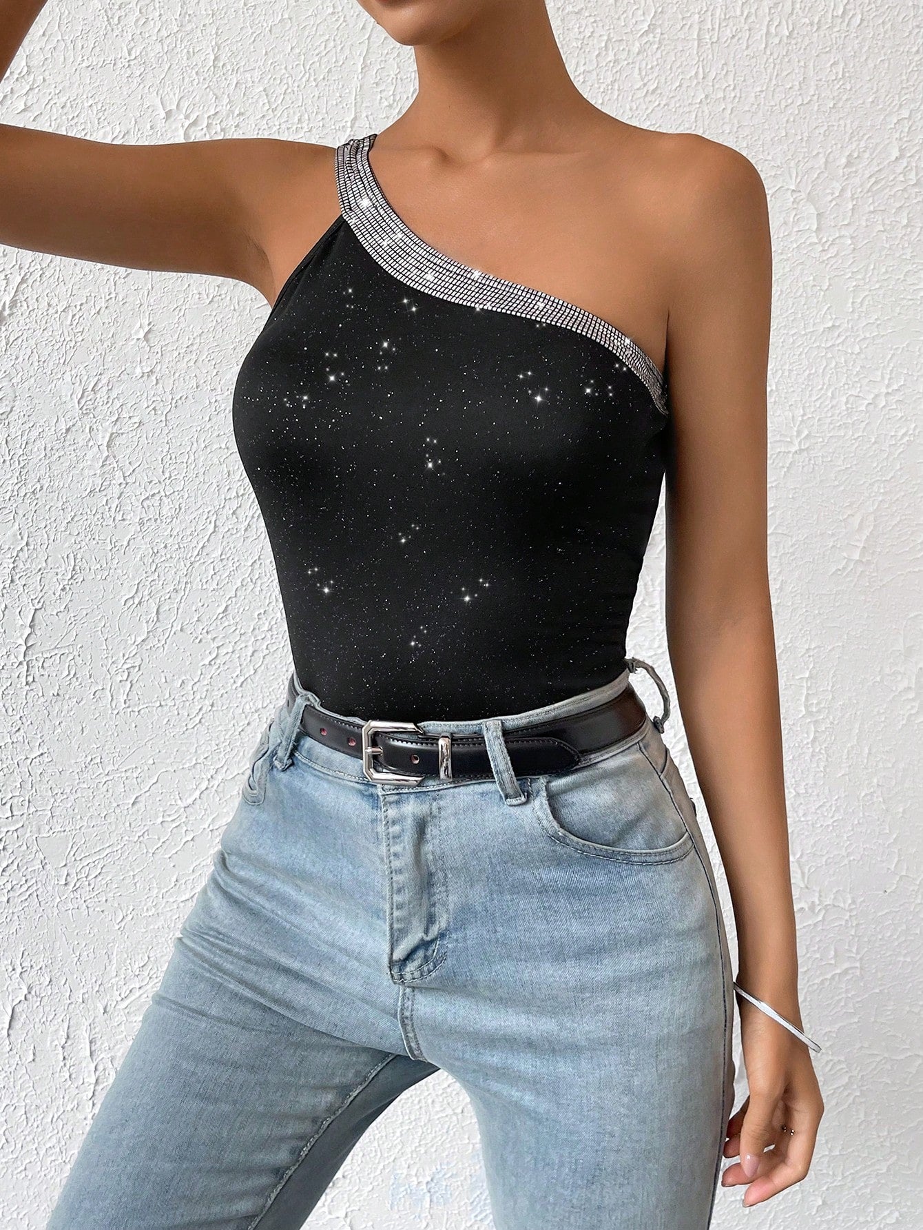 BAE Contrast Sequin One Shoulder Top