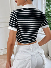 EZwear Striped Print Contrast Collar Crop Tee