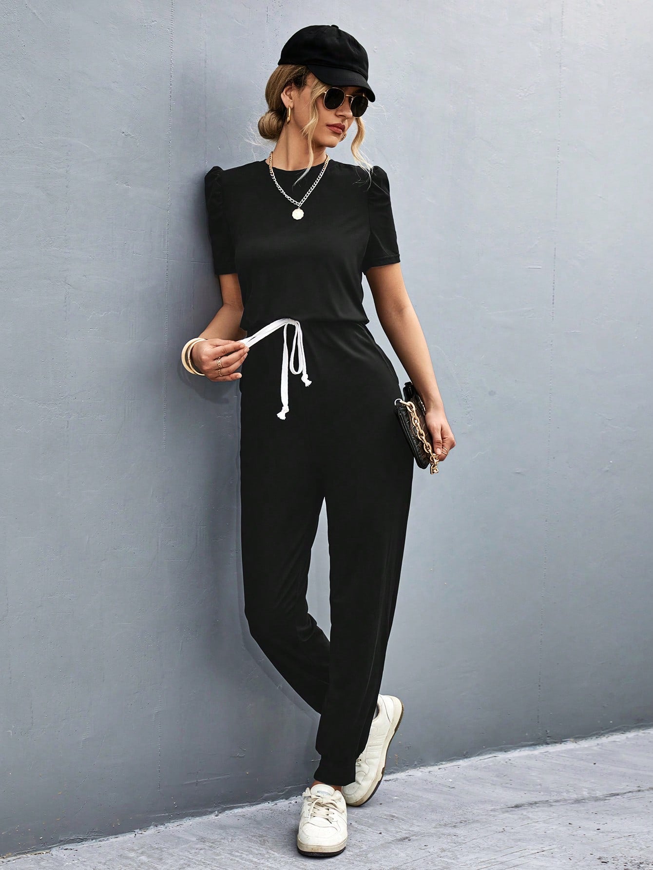 LUNE Puff Sleeve Knot Front Jumpsuit