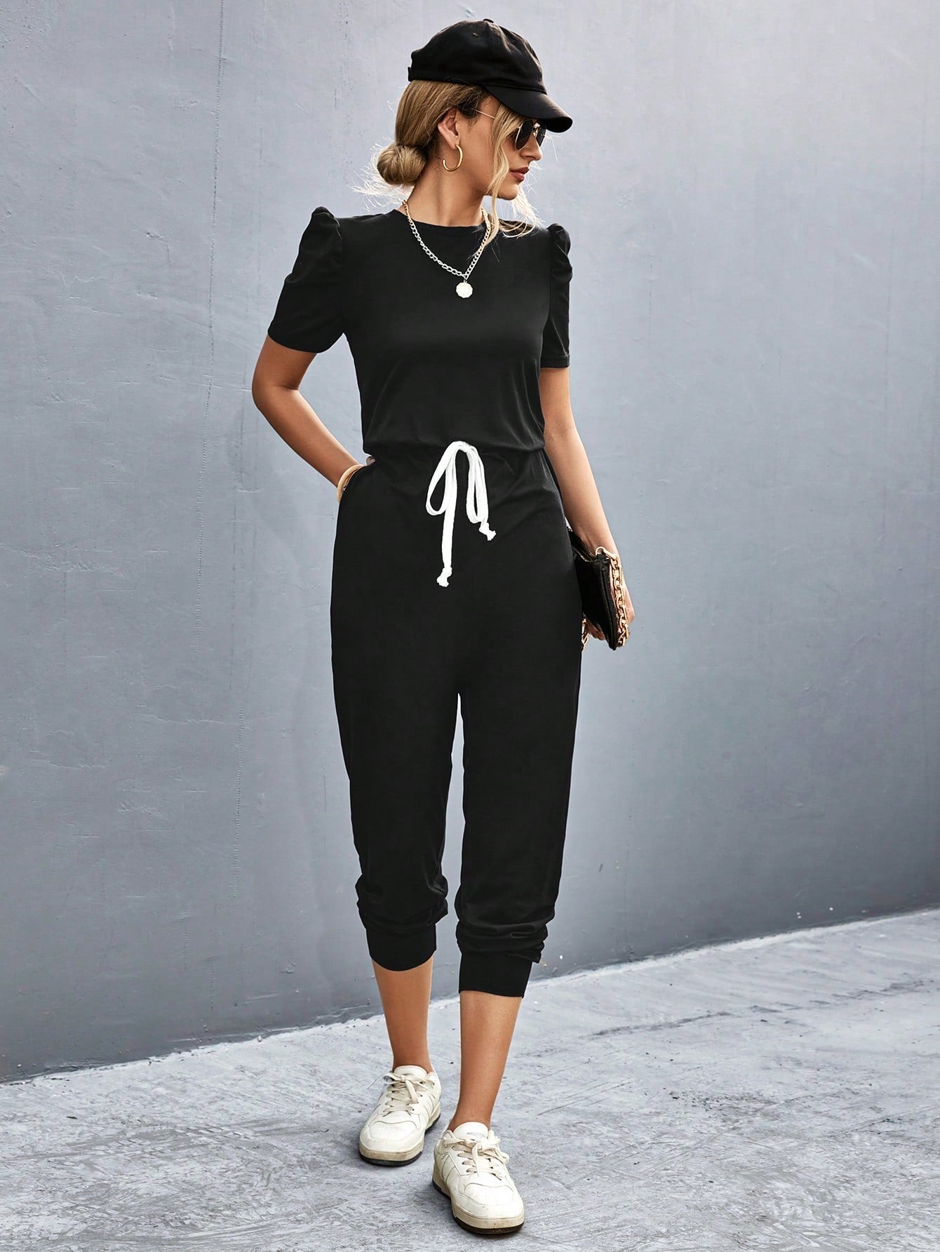 LUNE Puff Sleeve Knot Front Jumpsuit